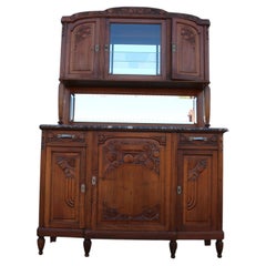 Antique French Art Deco Buffet Hutch With Marble Top & Mirror