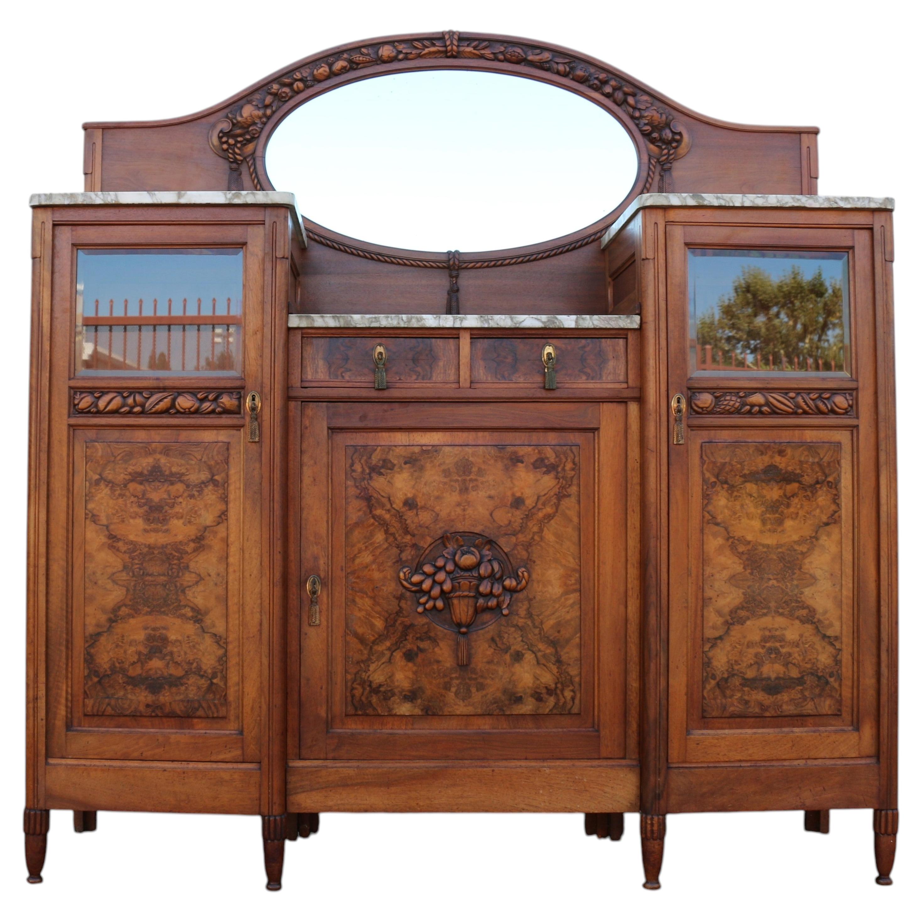 Antique French Art Deco Buffet Sideboard With Beveled Mirror & Marble Top