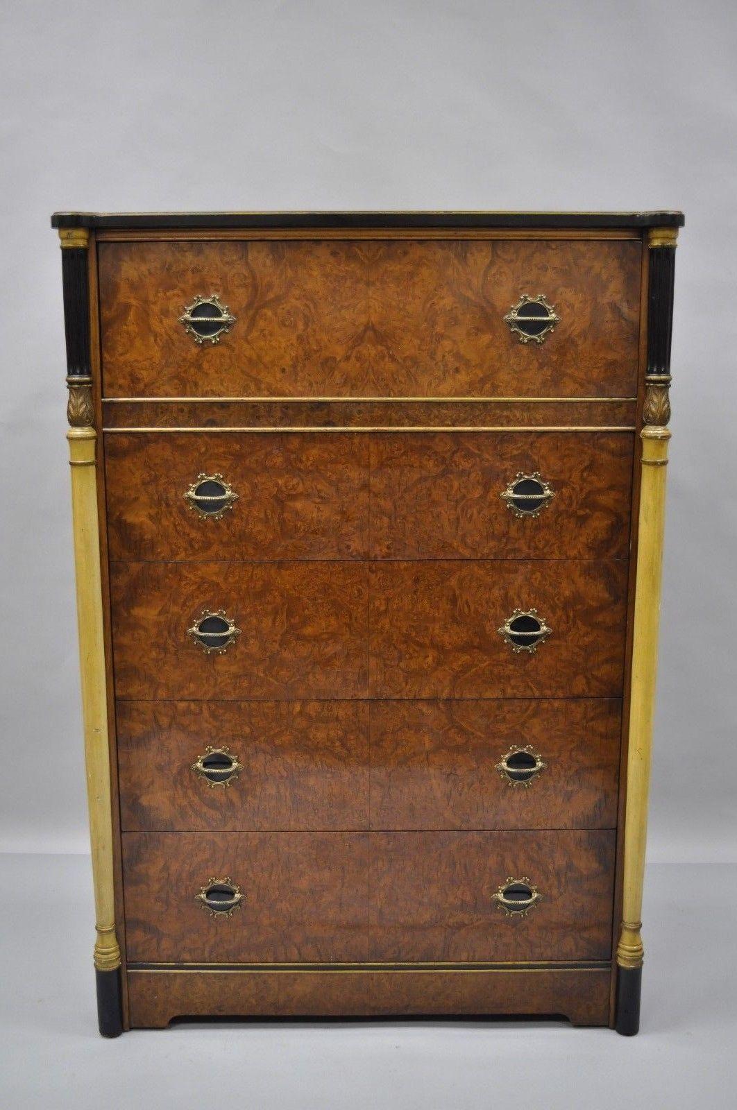 Antique French Art Deco / Empire burl wood tall chest. Item features five dovetailed drawers, black and yellow columns, ornate brass pulls, and beautiful wood grain throughout, early 1900s. Measurements: 52