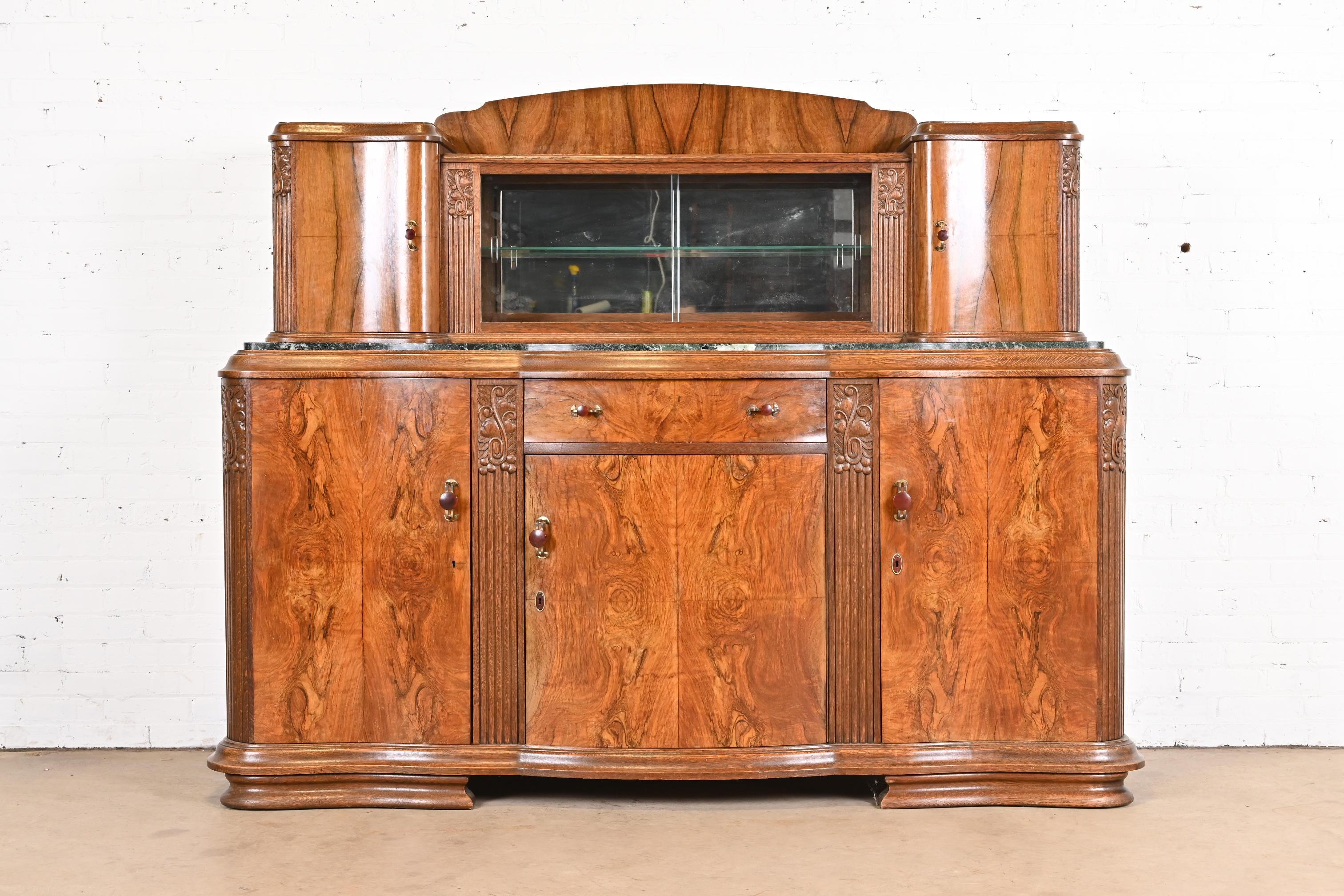 Antique French Art Deco Burl Wood Marble Top Sideboard or Bar Cabinet, 1930s In Good Condition In South Bend, IN