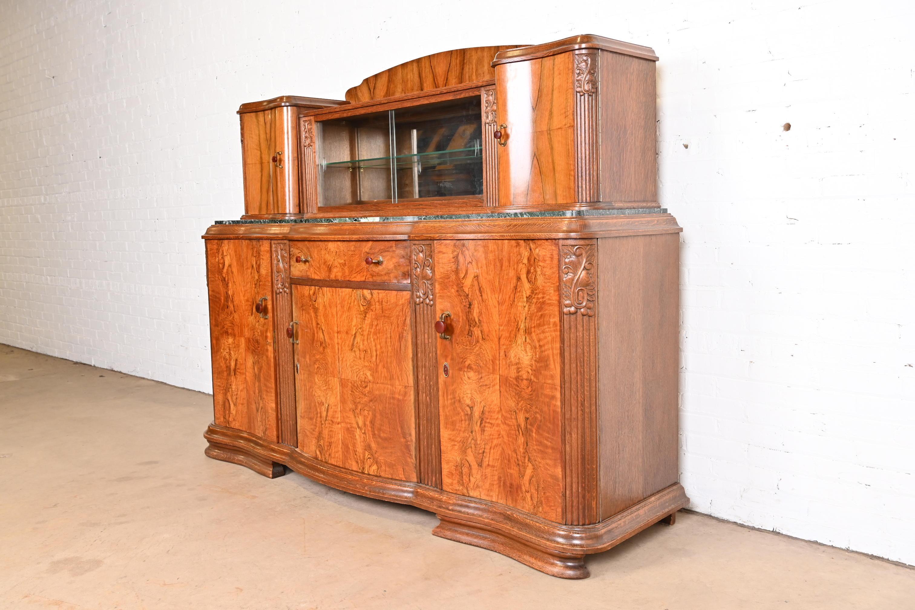 Mid-20th Century Antique French Art Deco Burl Wood Marble Top Sideboard or Bar Cabinet, 1930s