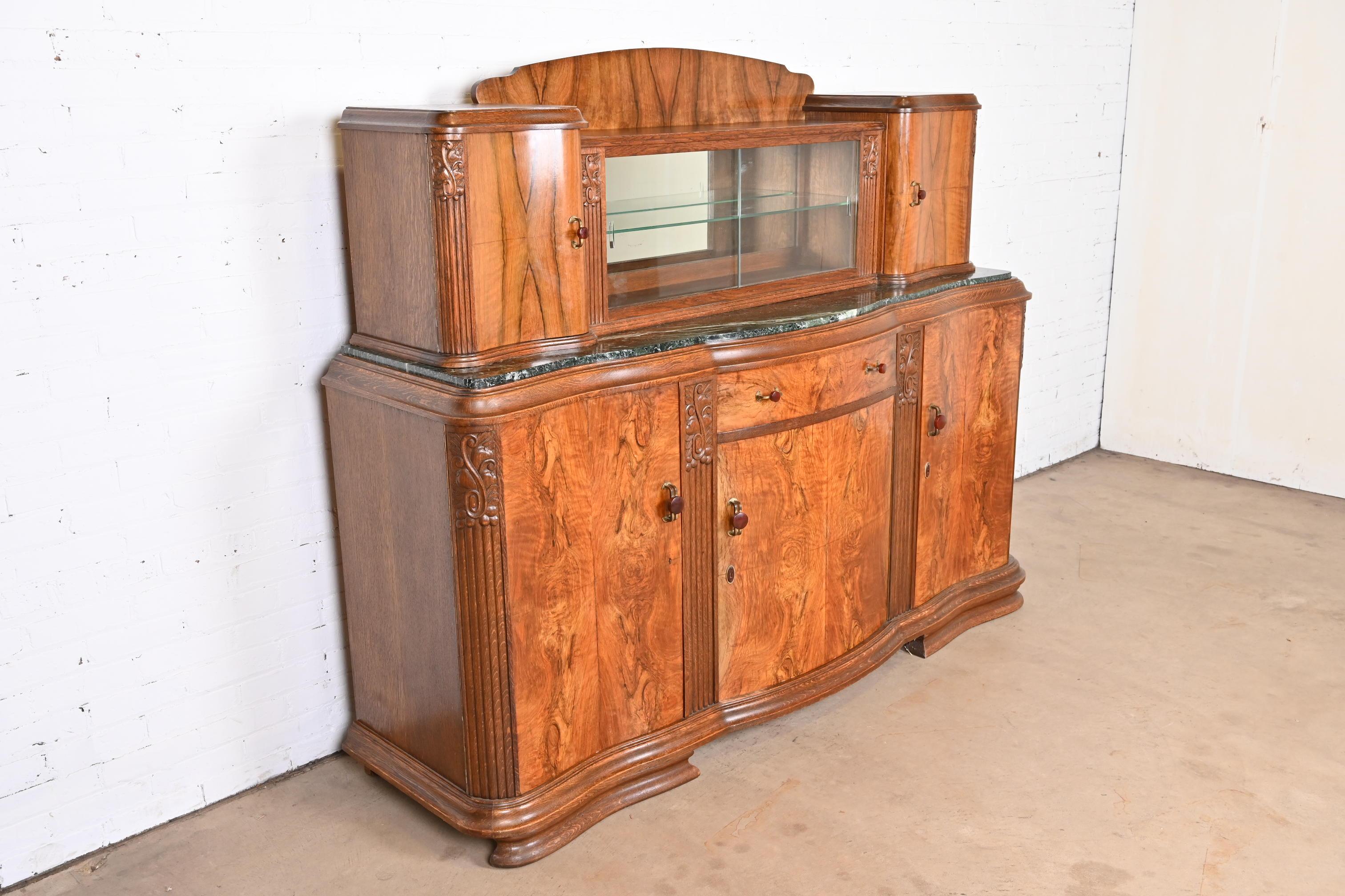 Antique French Art Deco Burl Wood Marble Top Sideboard or Bar Cabinet, 1930s 1