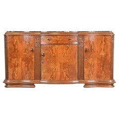 Antique French Art Deco Burl Wood Marble Top Sideboard or Bar Cabinet, 1930s