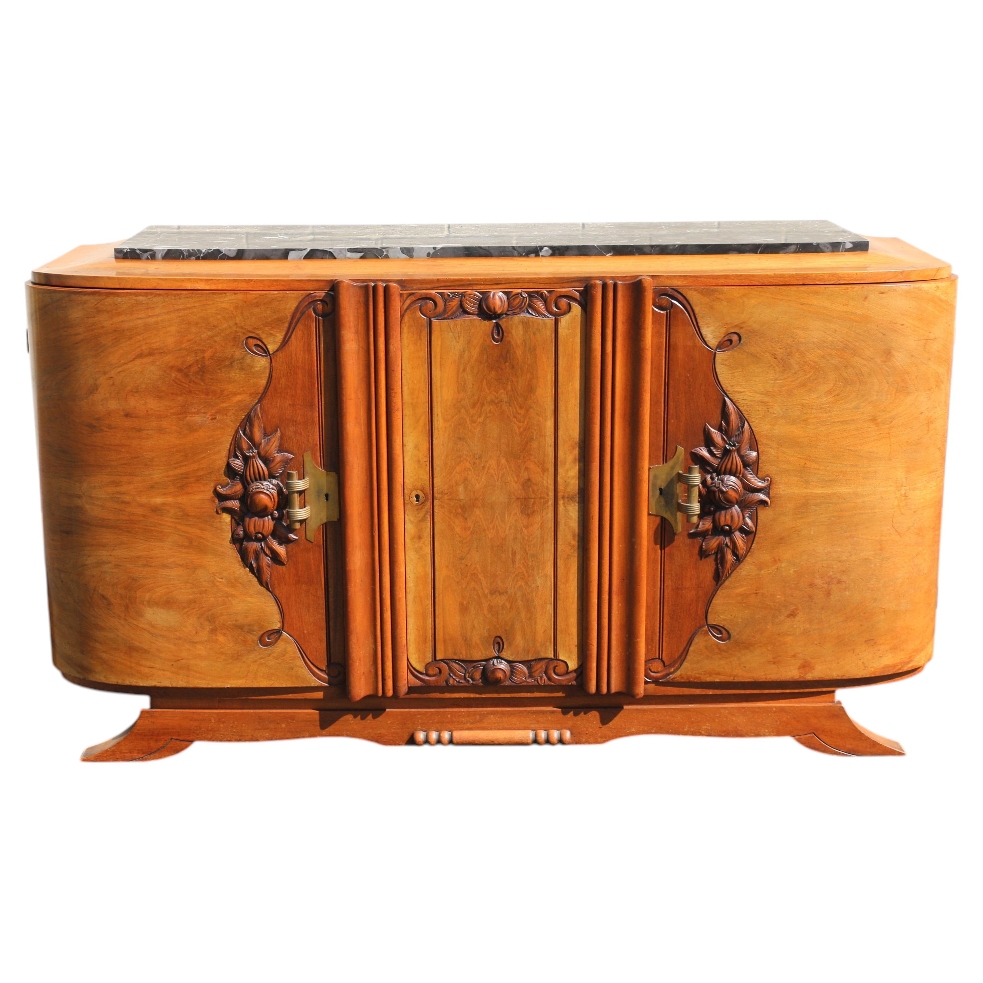 Antique French Art Deco Burl Wood Sideboard Buffet With Marble Top