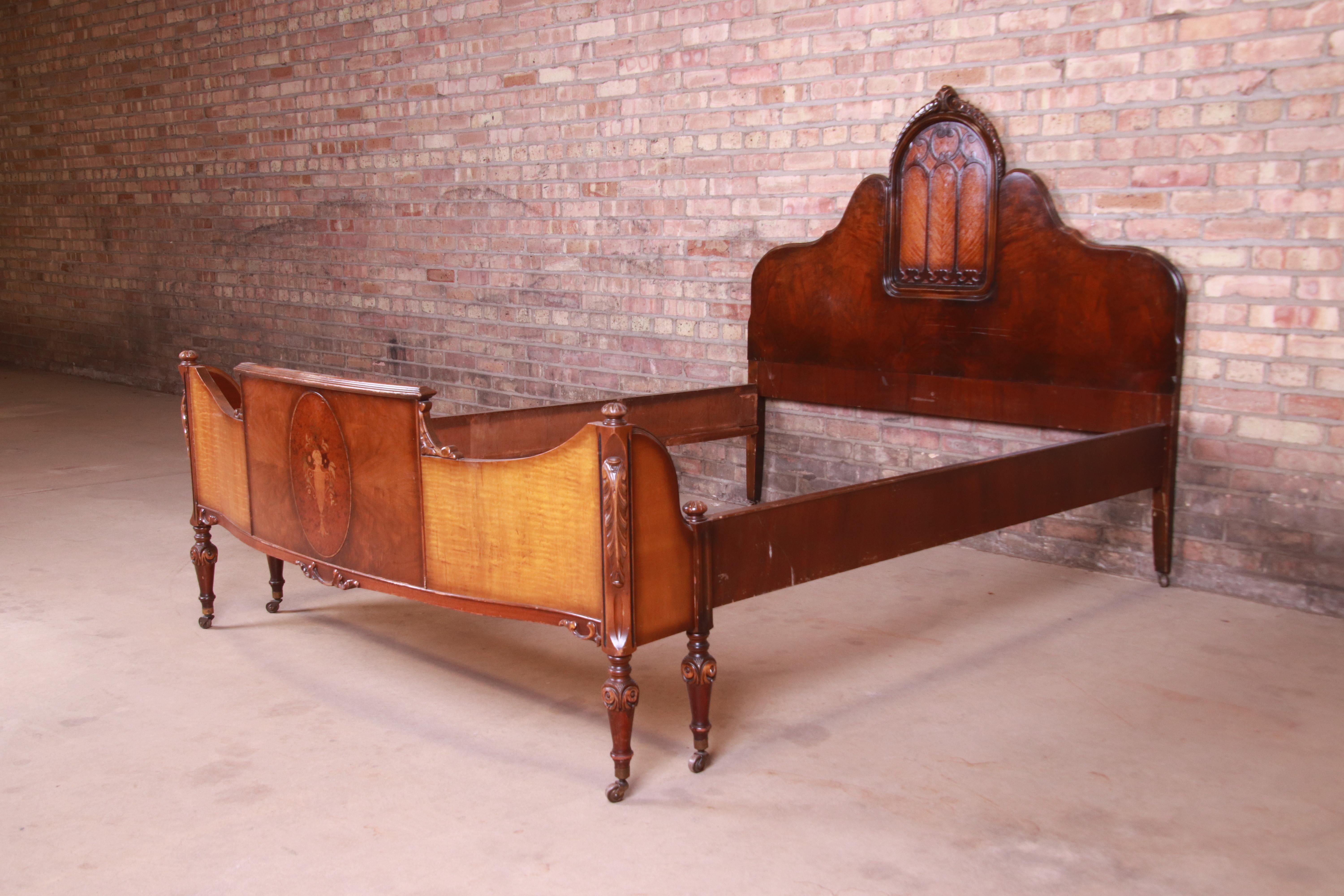 American Antique French Art Deco Burled Walnut and Inlaid Marquetry Full Size Bed, 1920s