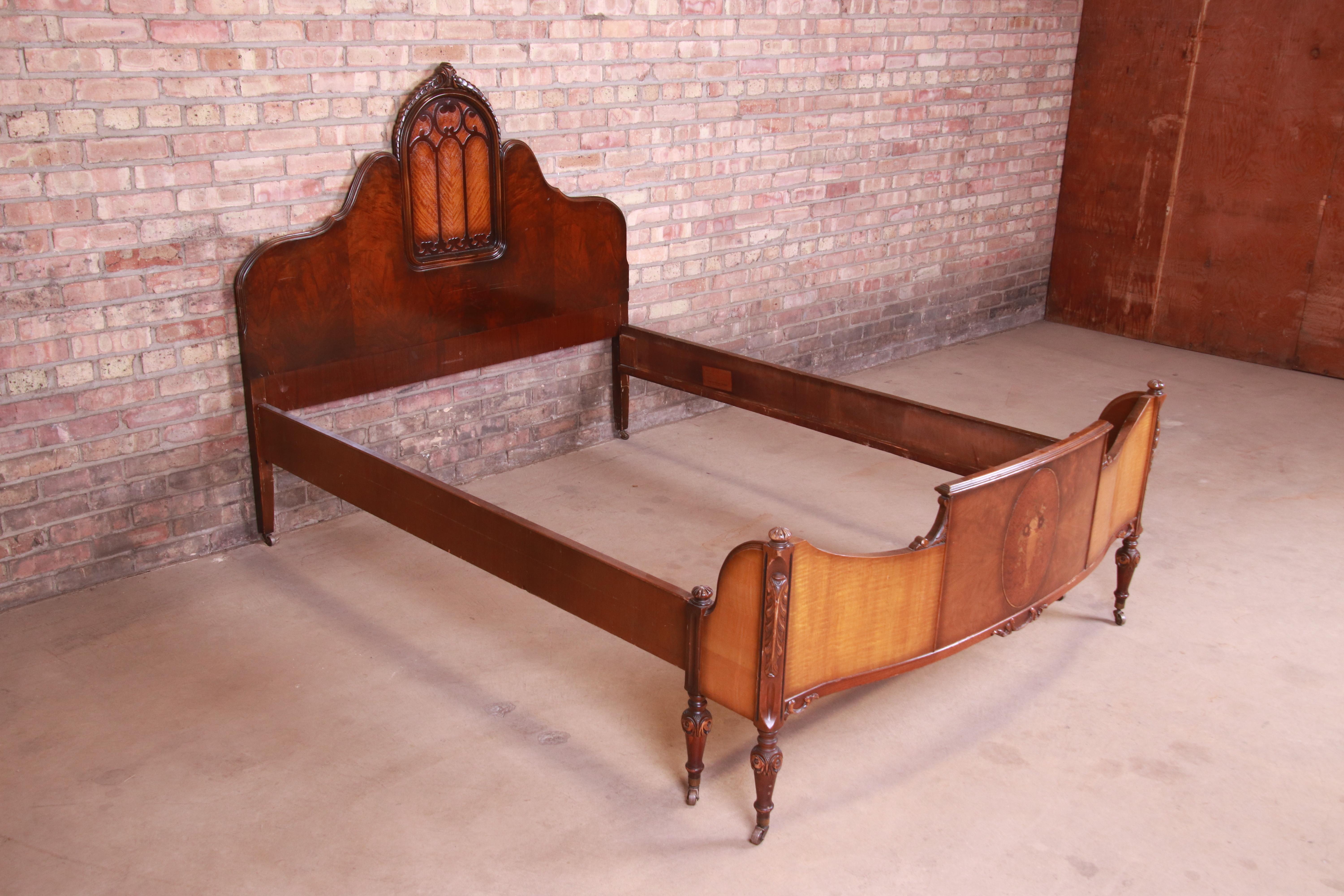 Antique French Art Deco Burled Walnut and Inlaid Marquetry Full Size Bed, 1920s In Good Condition In South Bend, IN