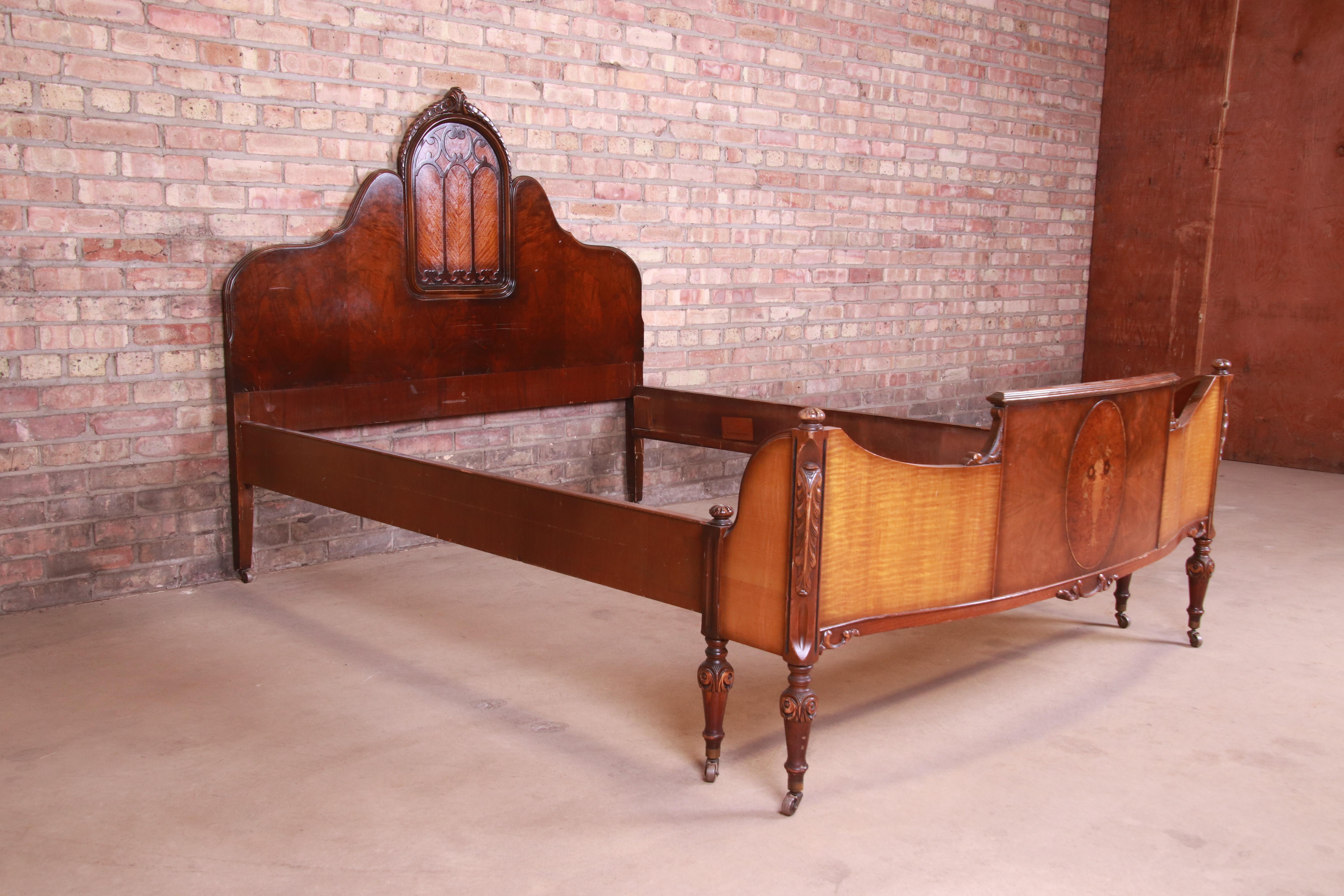 Early 20th Century Antique French Art Deco Burled Walnut and Inlaid Marquetry Full Size Bed, 1920s