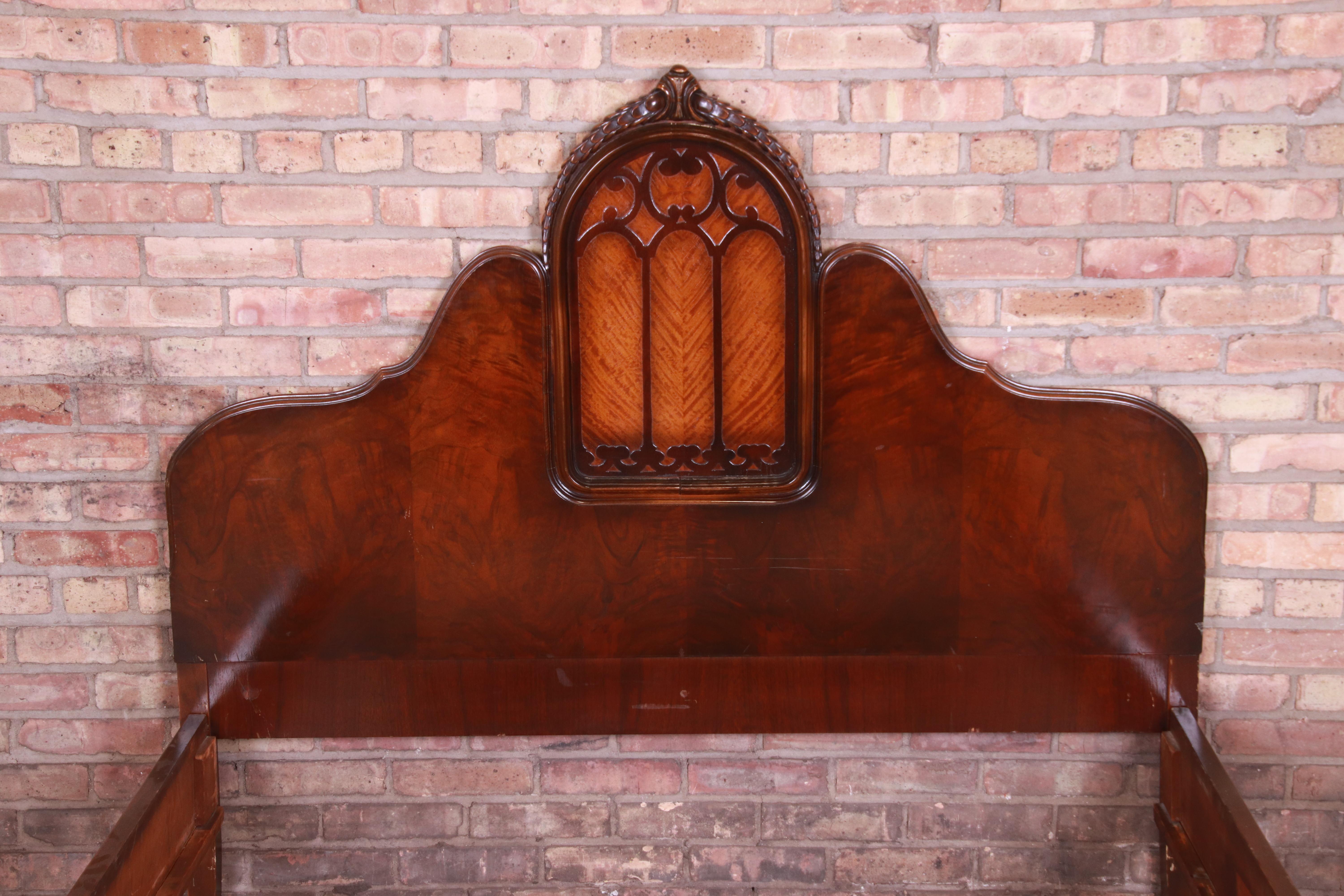 Satinwood Antique French Art Deco Burled Walnut and Inlaid Marquetry Full Size Bed, 1920s