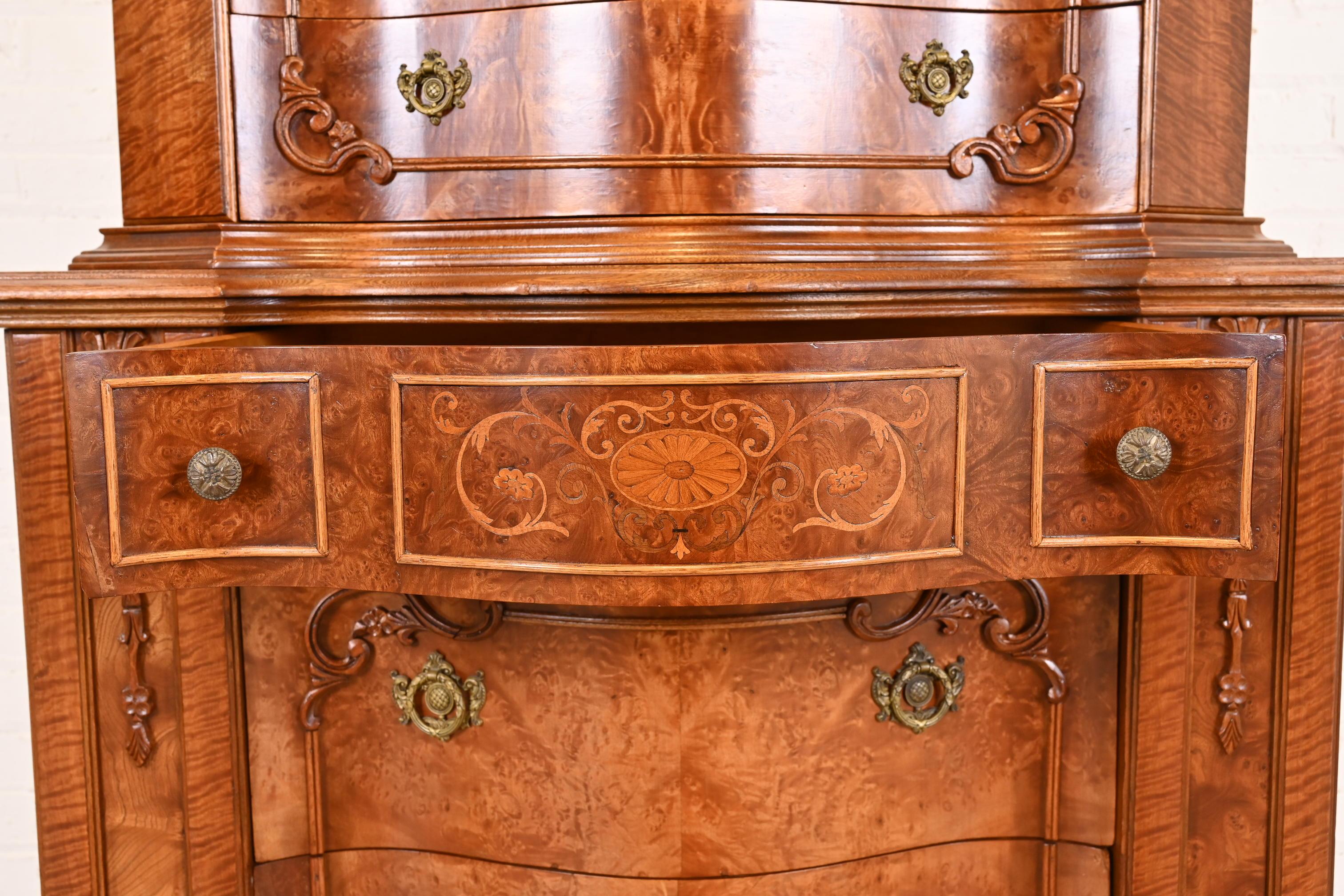 Antique French Art Deco Burled Walnut Inlaid Marquetry Highboy Dresser 4