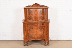 Antique French Art Deco Burled Walnut Inlaid Marquetry Highboy Dresser