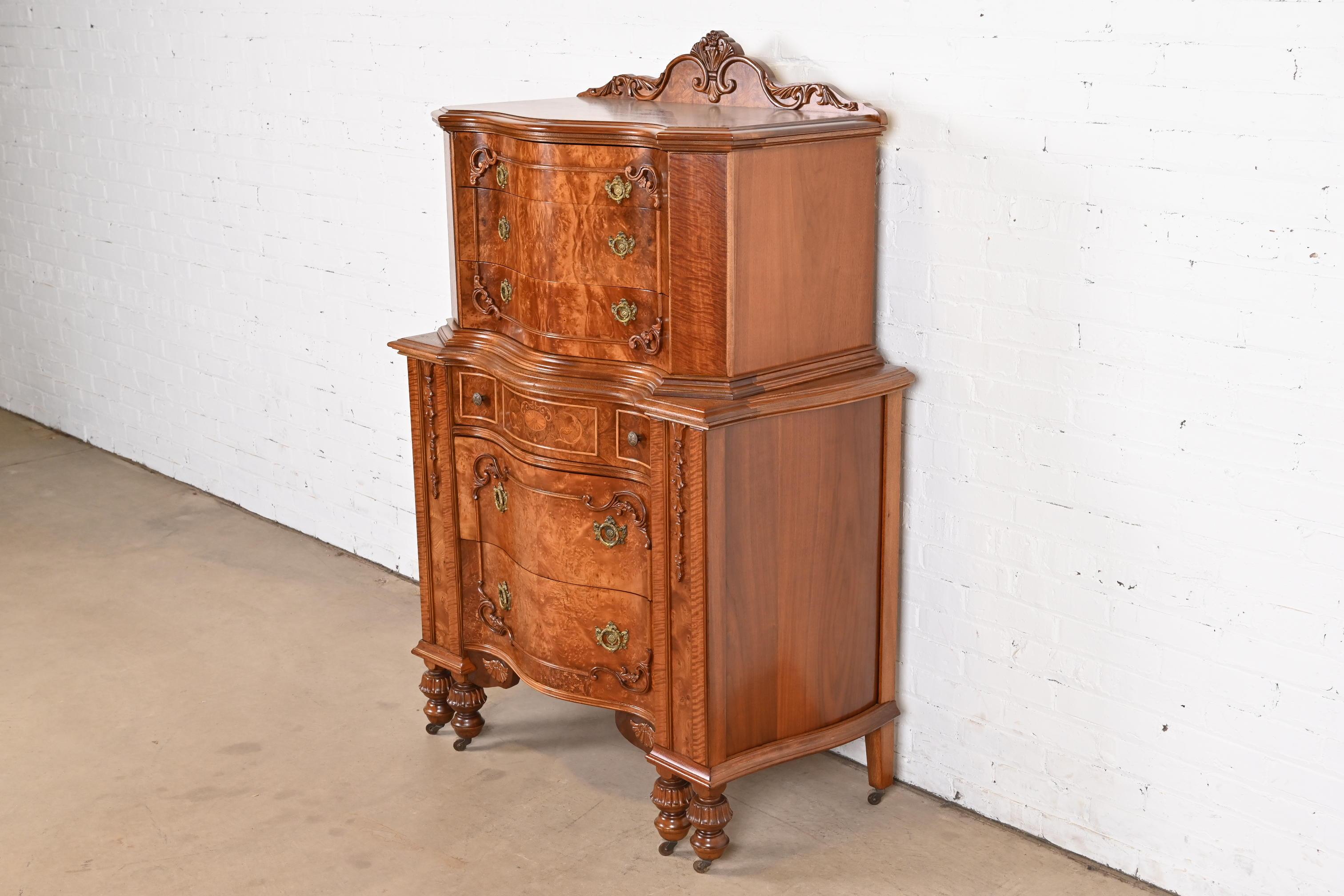 Antique French Art Deco Burled Walnut Inlaid Marquetry Highboy Dresser In Good Condition For Sale In South Bend, IN
