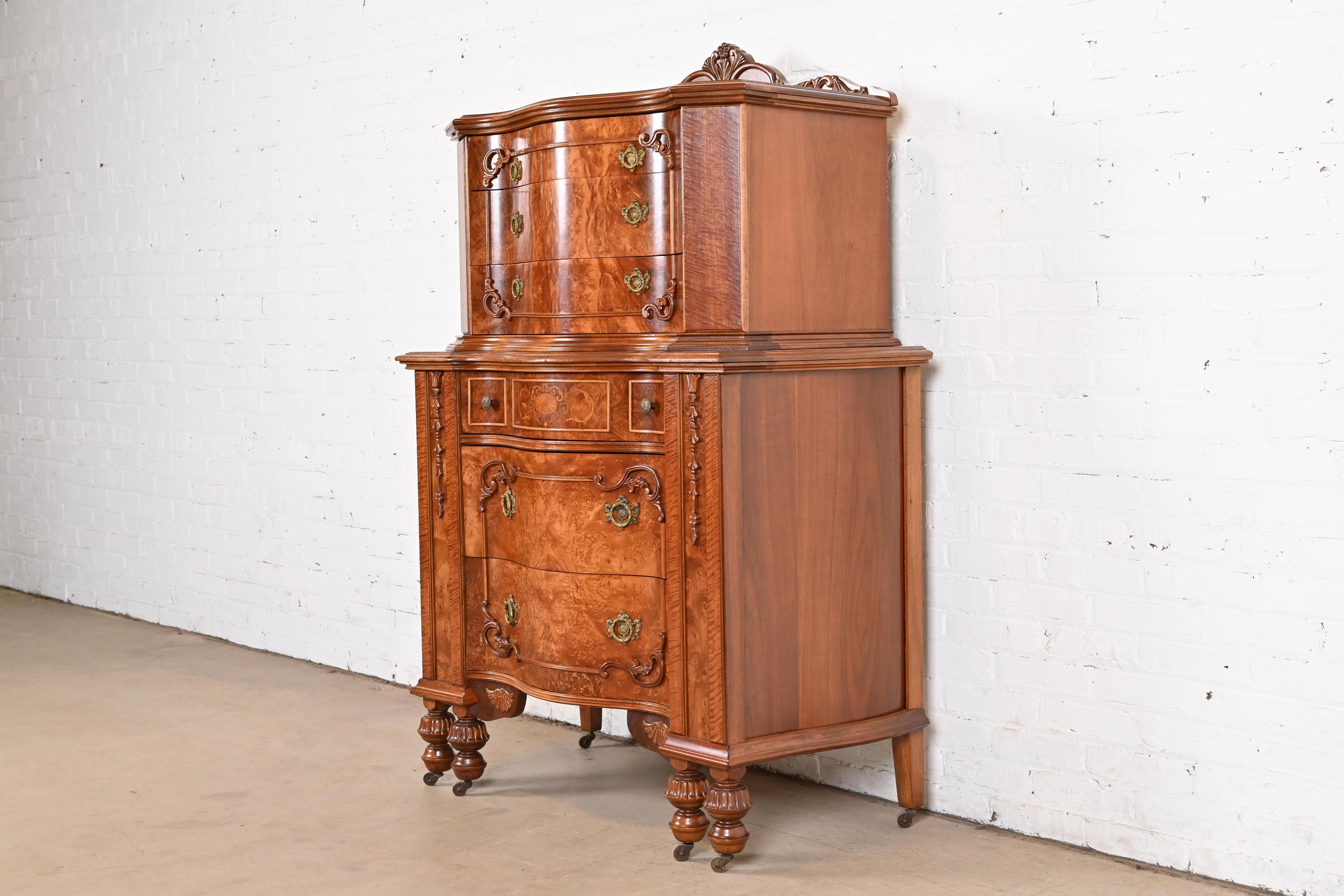 Early 20th Century Antique French Art Deco Burled Walnut Inlaid Marquetry Highboy Dresser For Sale