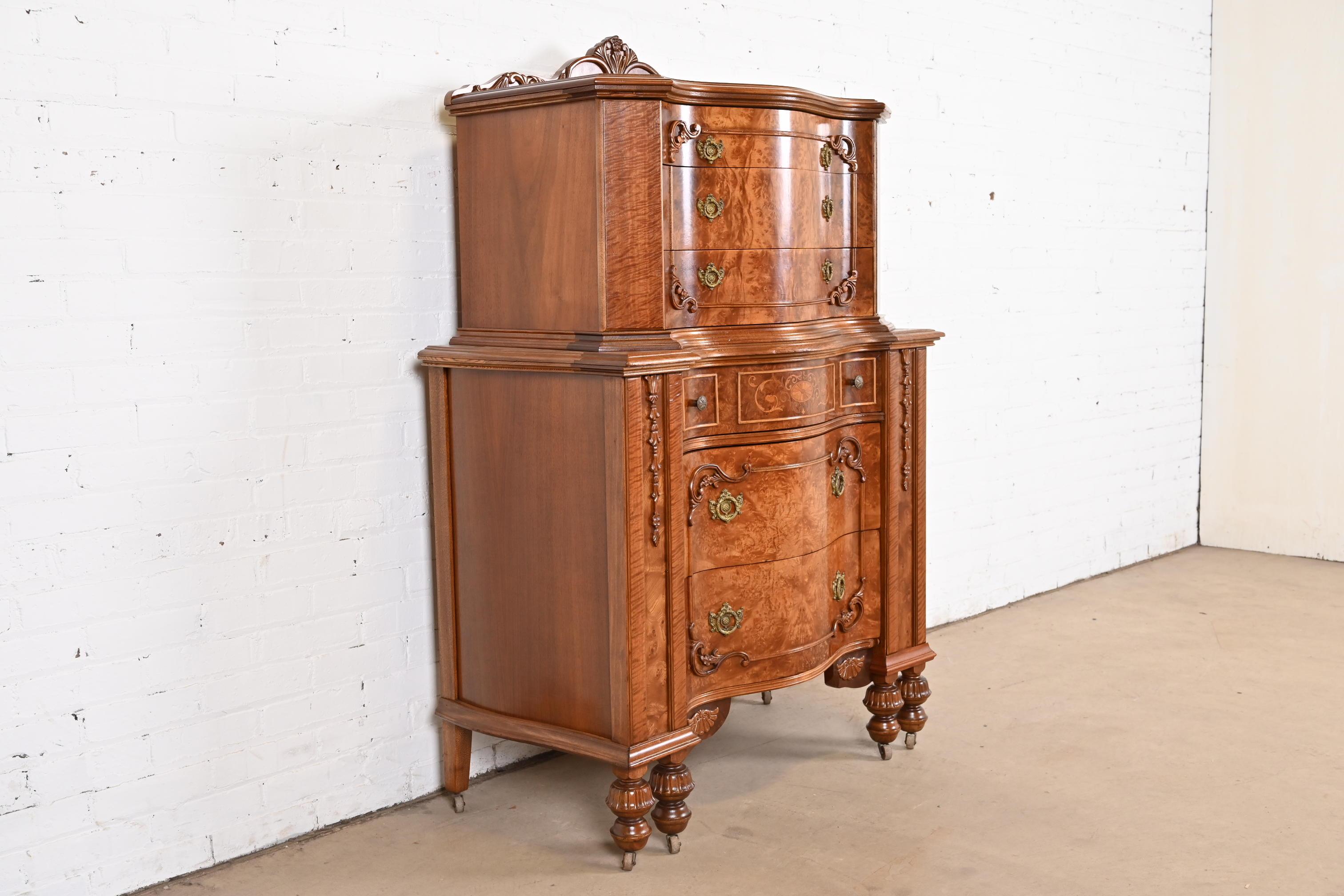Antique French Art Deco Burled Walnut Inlaid Marquetry Highboy Dresser 1