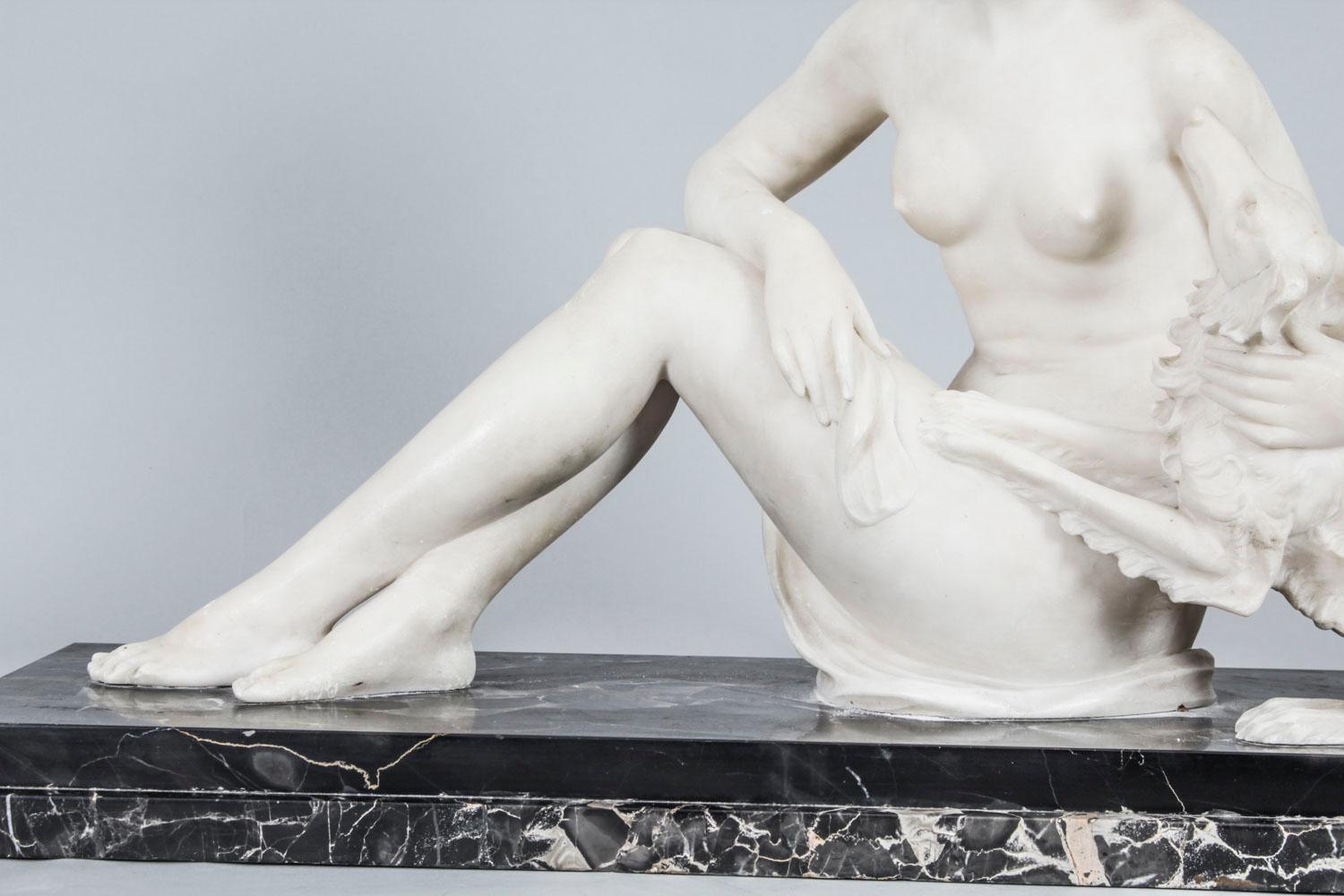 Antique French Art Deco Carrara Marble Sculpture of Reclining Maiden, 1920s 5