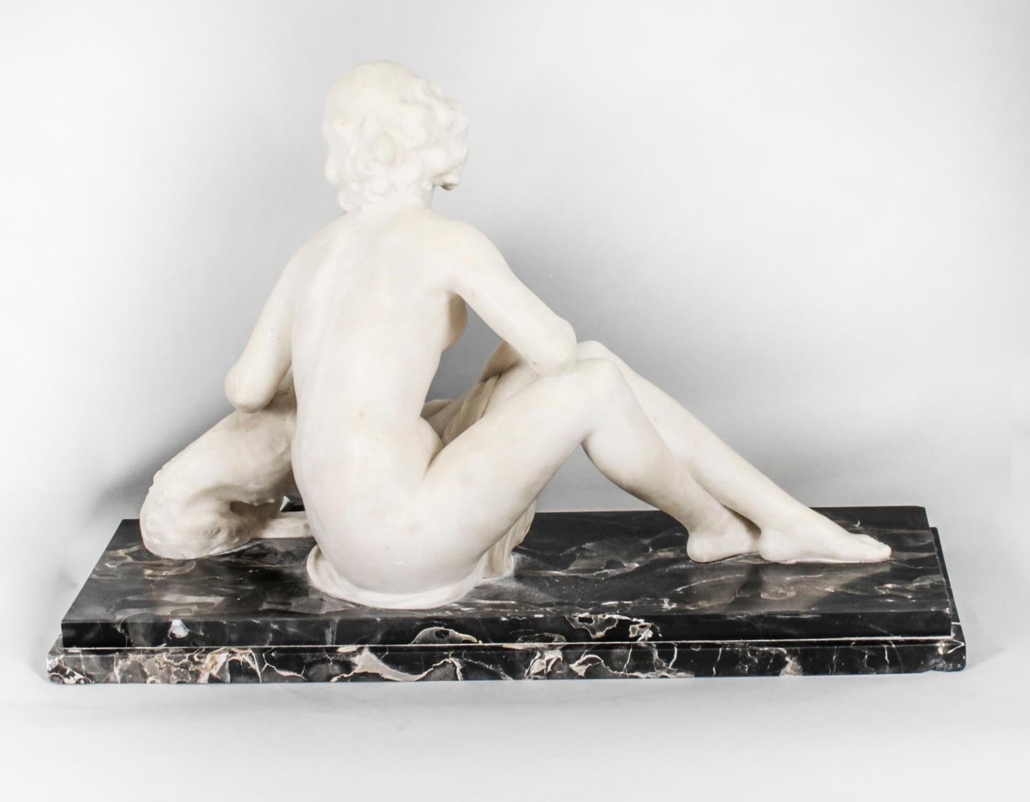 Antique French Art Deco Carrara Marble Sculpture of Reclining Maiden, 1920s 6