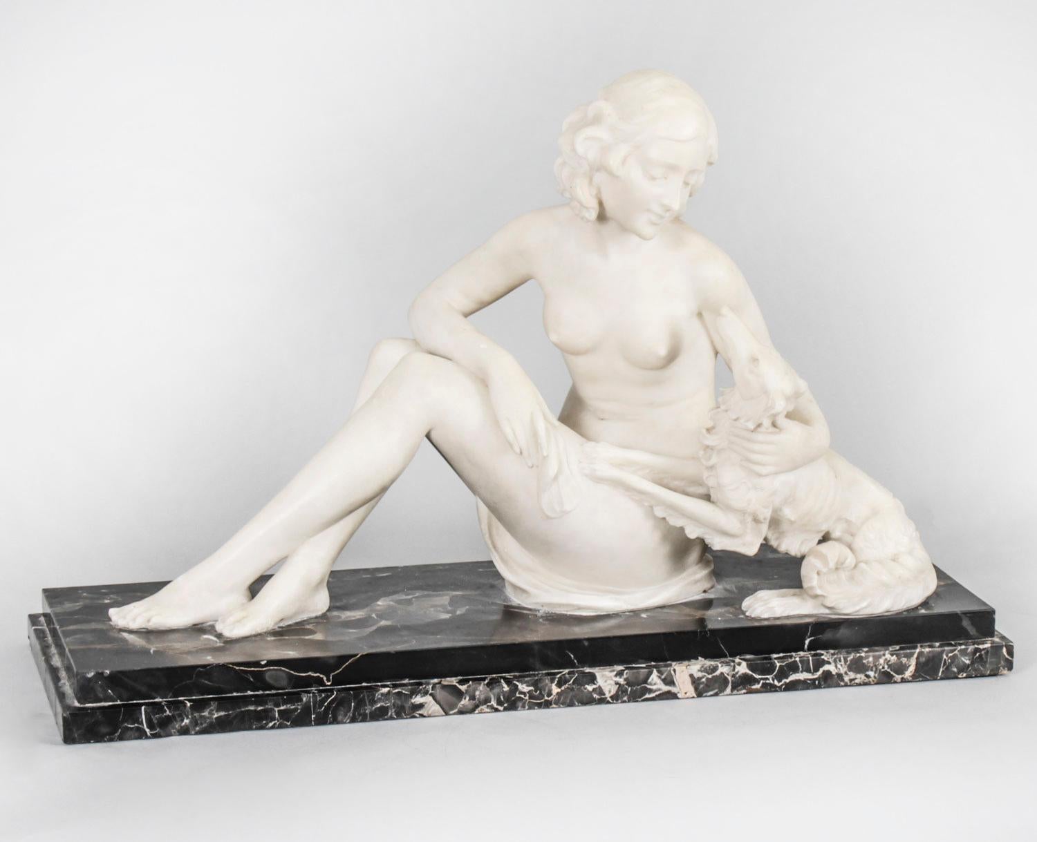 Antique French Art Deco Carrara Marble Sculpture of Reclining Maiden, 1920s 7
