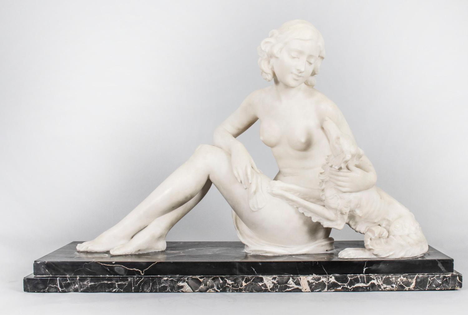 Antique French Art Deco Carrara Marble Sculpture of Reclining Maiden, 1920s 1