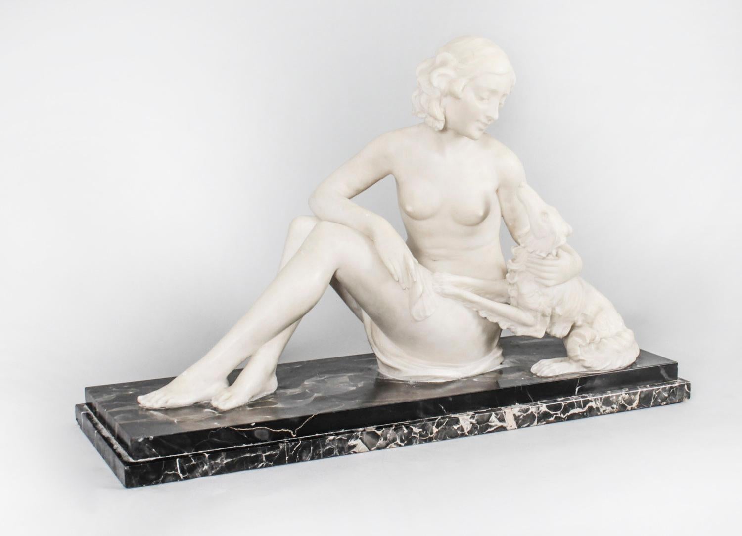 Antique French Art Deco Carrara Marble Sculpture of Reclining Maiden, 1920s 2