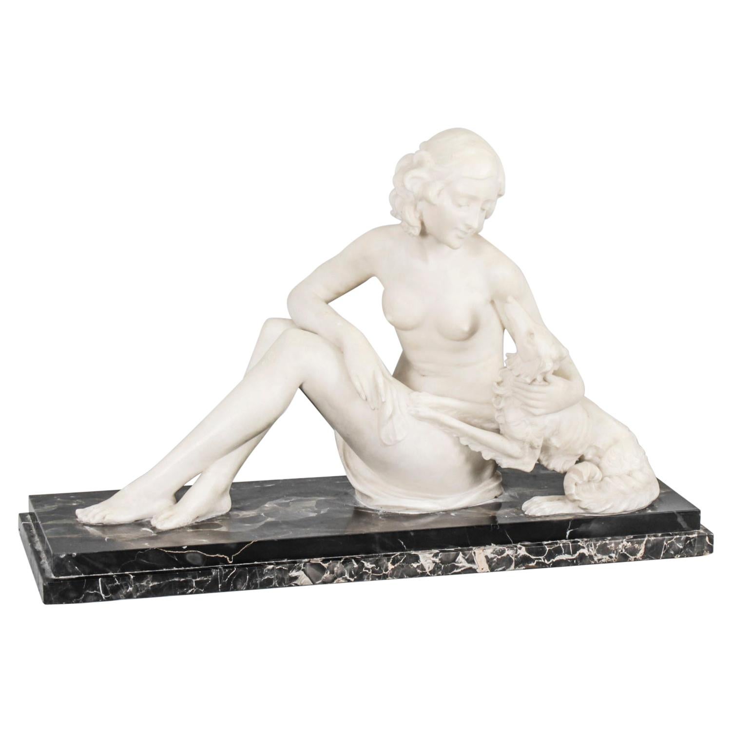 Antique French Art Deco Carrara Marble Sculpture of Reclining Maiden, 1920s
