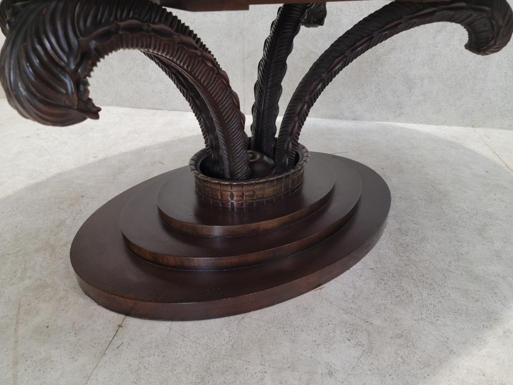 Vintage Art Deco Carved Ebony Arched Acanthus Leaf Step-Up Base Oval Mahogany Dining Table by Dorothy Draper (American, 1889-1969)

Exquisite vintage 1930's American art deco oval mahogany dining table. The table base has 4 finely carved  ebony