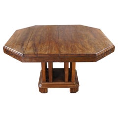 Antique French Art Deco Carved Walnut Hexagonal Dining Breakfast Pedestal Table