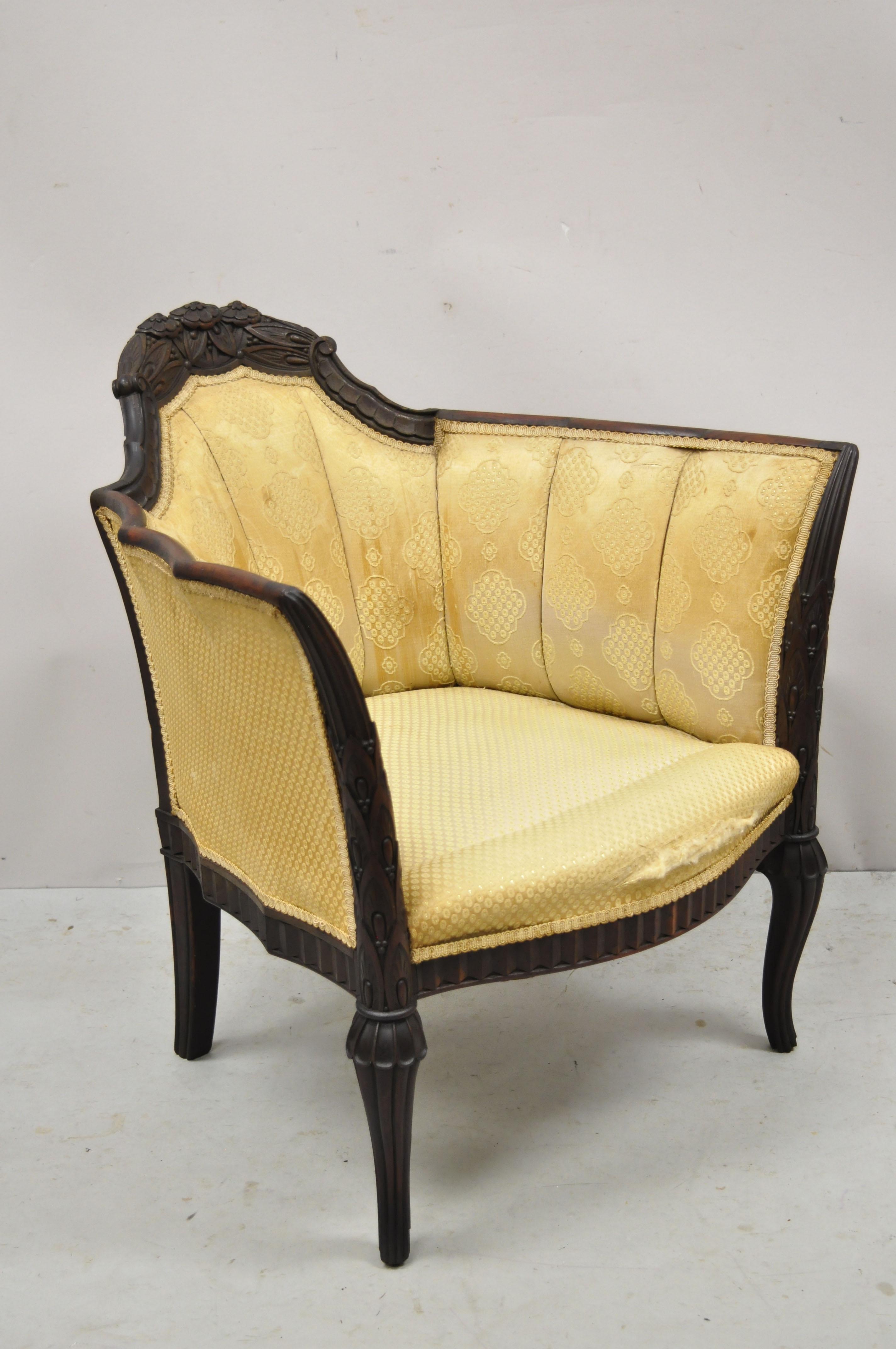Antique French Art Deco Carved Walnut Wing Club Lounge Parlor Arm Chair In Good Condition In Philadelphia, PA