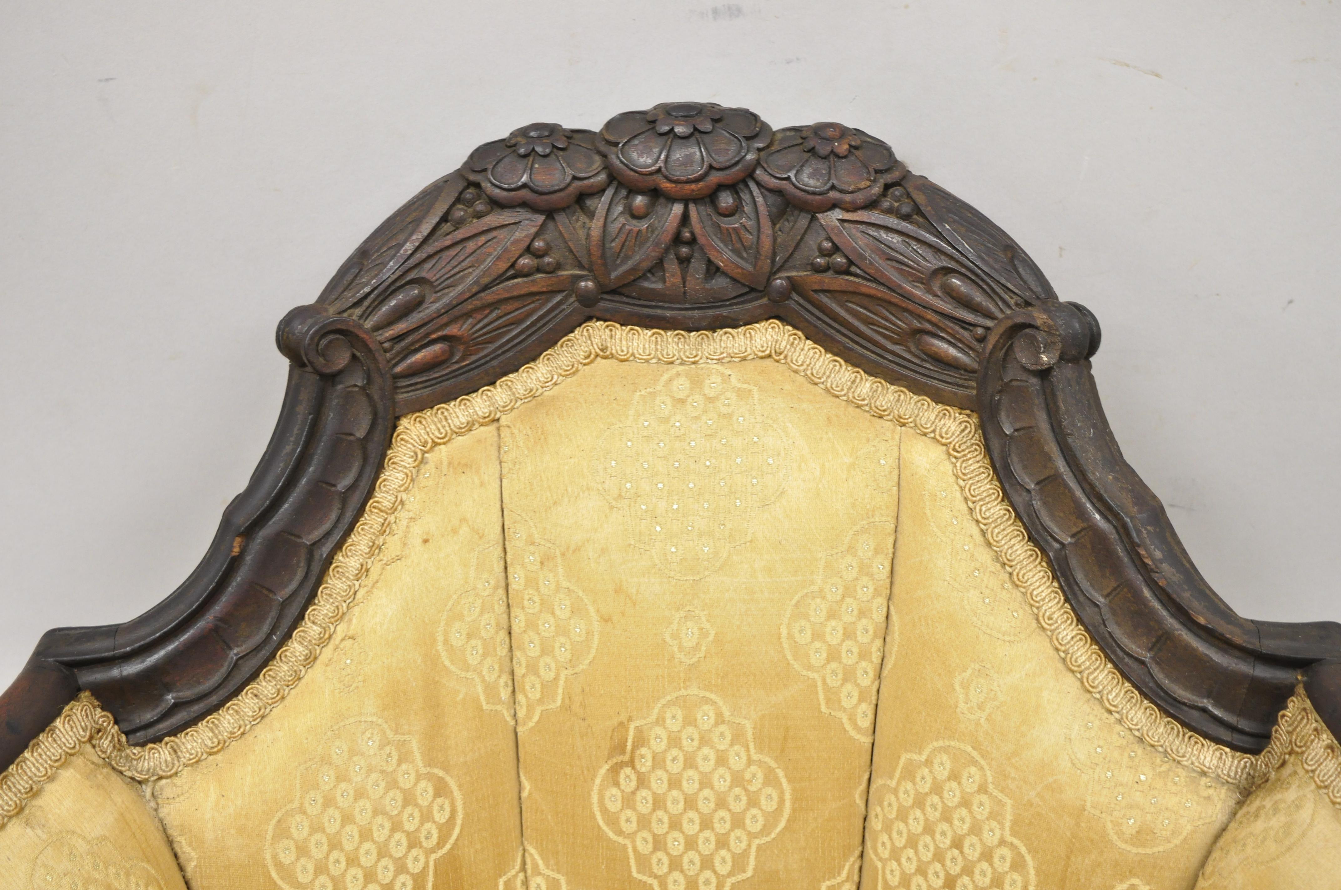 Early 20th Century Antique French Art Deco Carved Walnut Wing Club Lounge Parlor Arm Chair For Sale