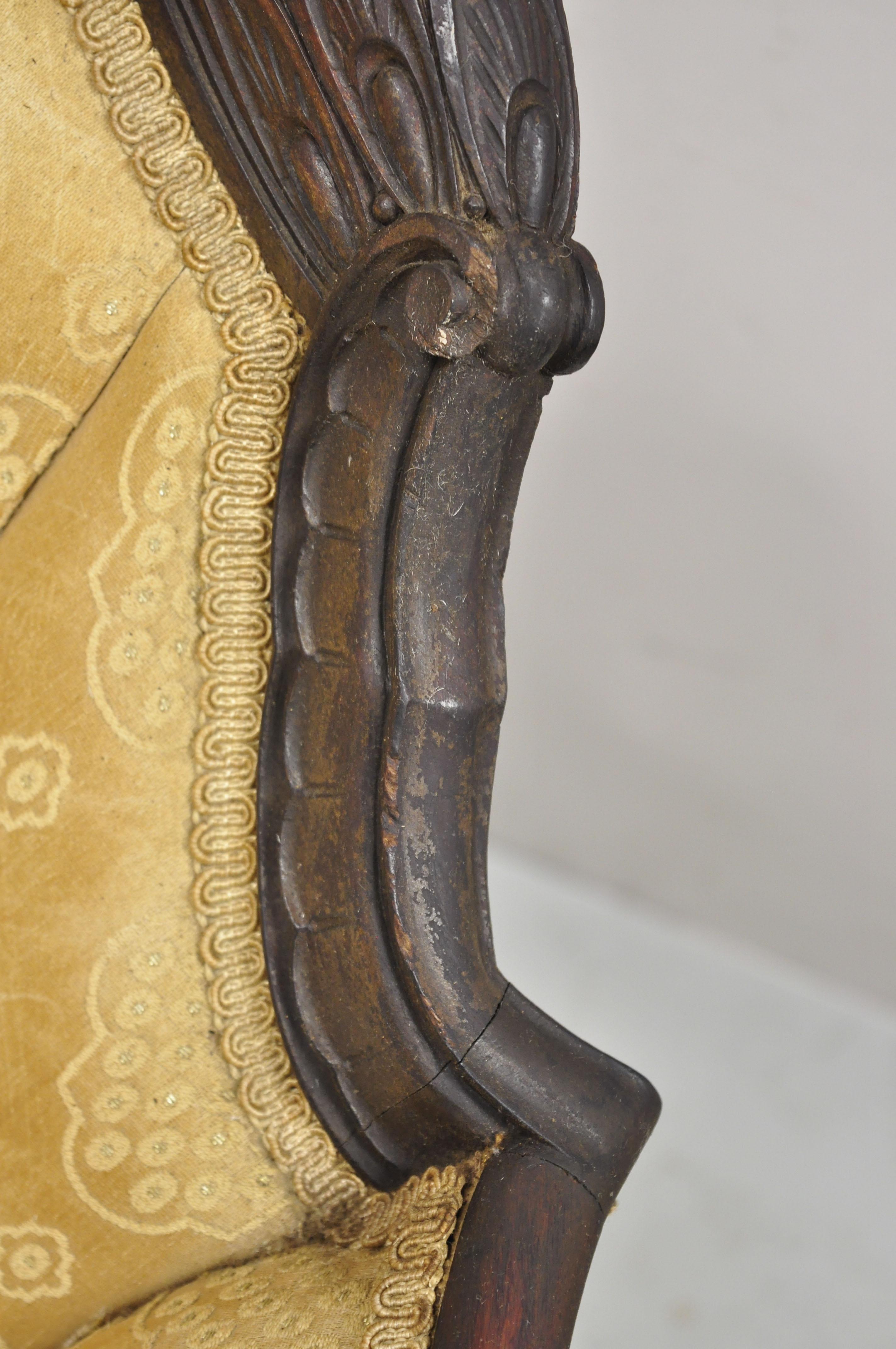Antique French Art Deco Carved Walnut Wing Club Lounge Parlor Arm Chair 4