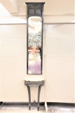 Antique French Art Deco Carved Wood & Marble Console Table & Wall Mirror Set