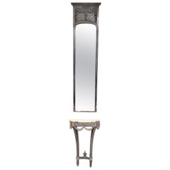 Antiker französischer Art-Déco-Konsolentisch und Wandspiegel-Set aus geschnitztem Holz und Marmor, Art déco