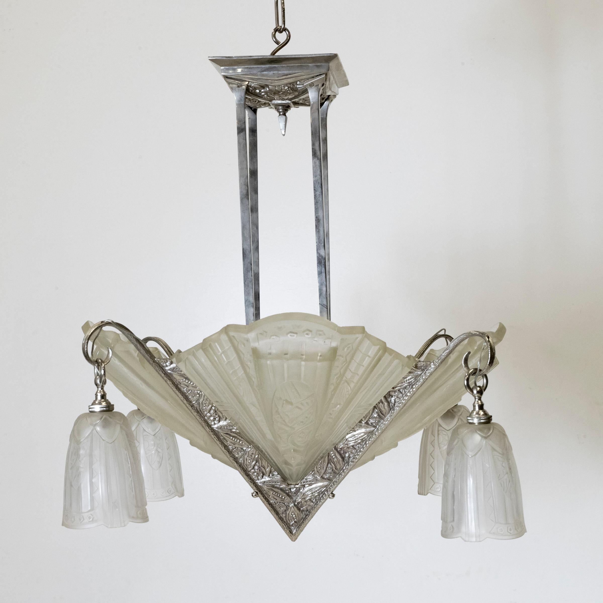 Antico lampadario in vetro francese Art Deco Célestin Jamain  Frontisi in vendita 5