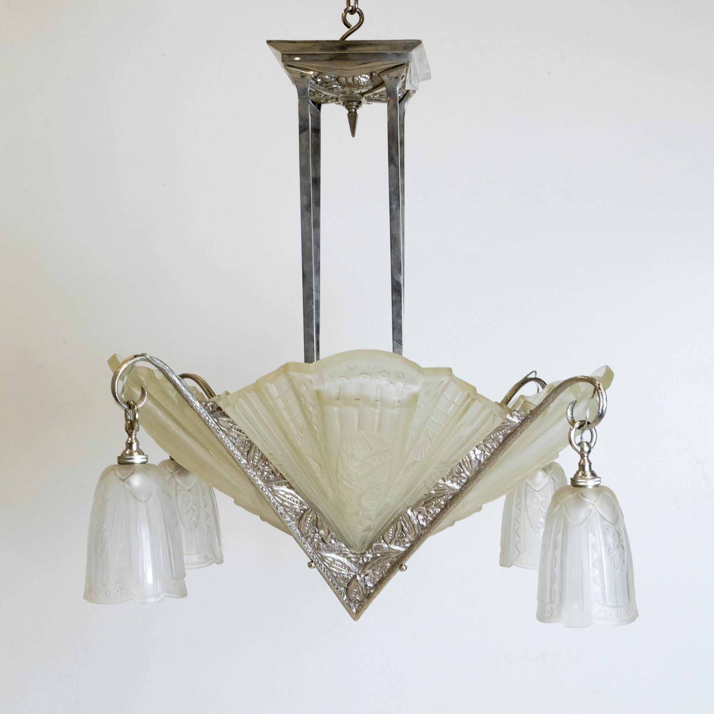 Antico lampadario in vetro francese Art Deco Célestin Jamain  Frontisi in vendita 6