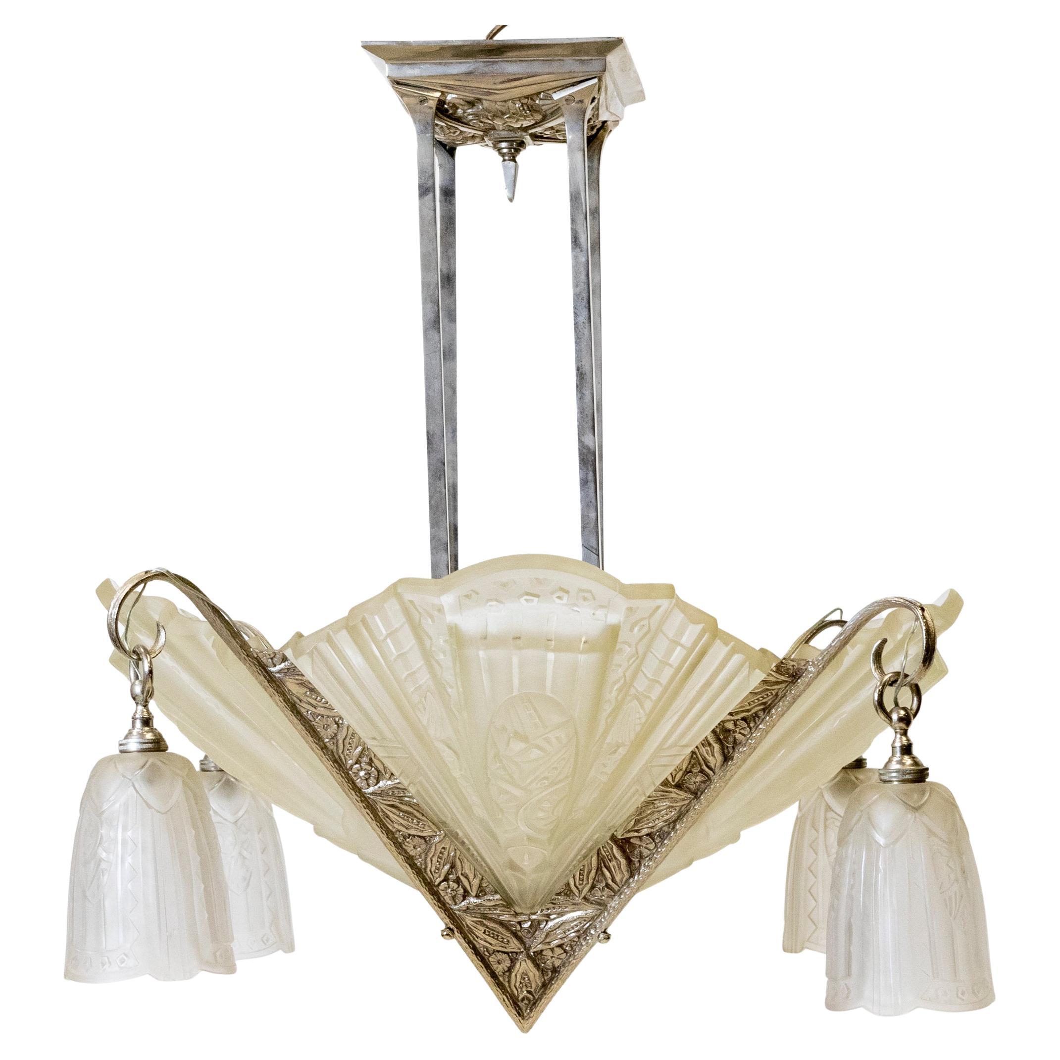 Antico lampadario in vetro francese Art Deco Célestin Jamain  Frontisi in vendita