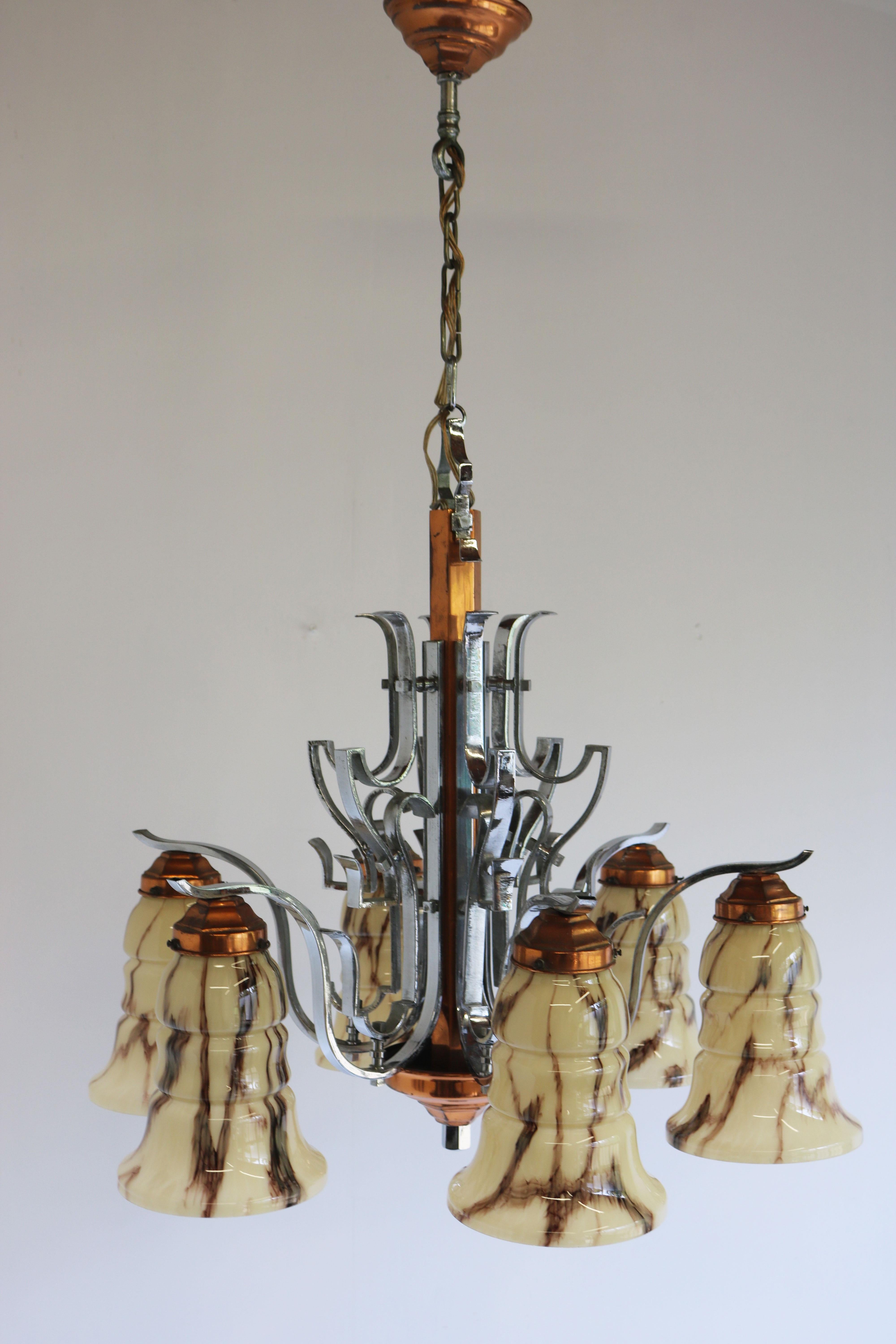 Antique French Art Deco Chandelier 1930 Copper Chrome & Marbled Glass 6 Lights For Sale 5