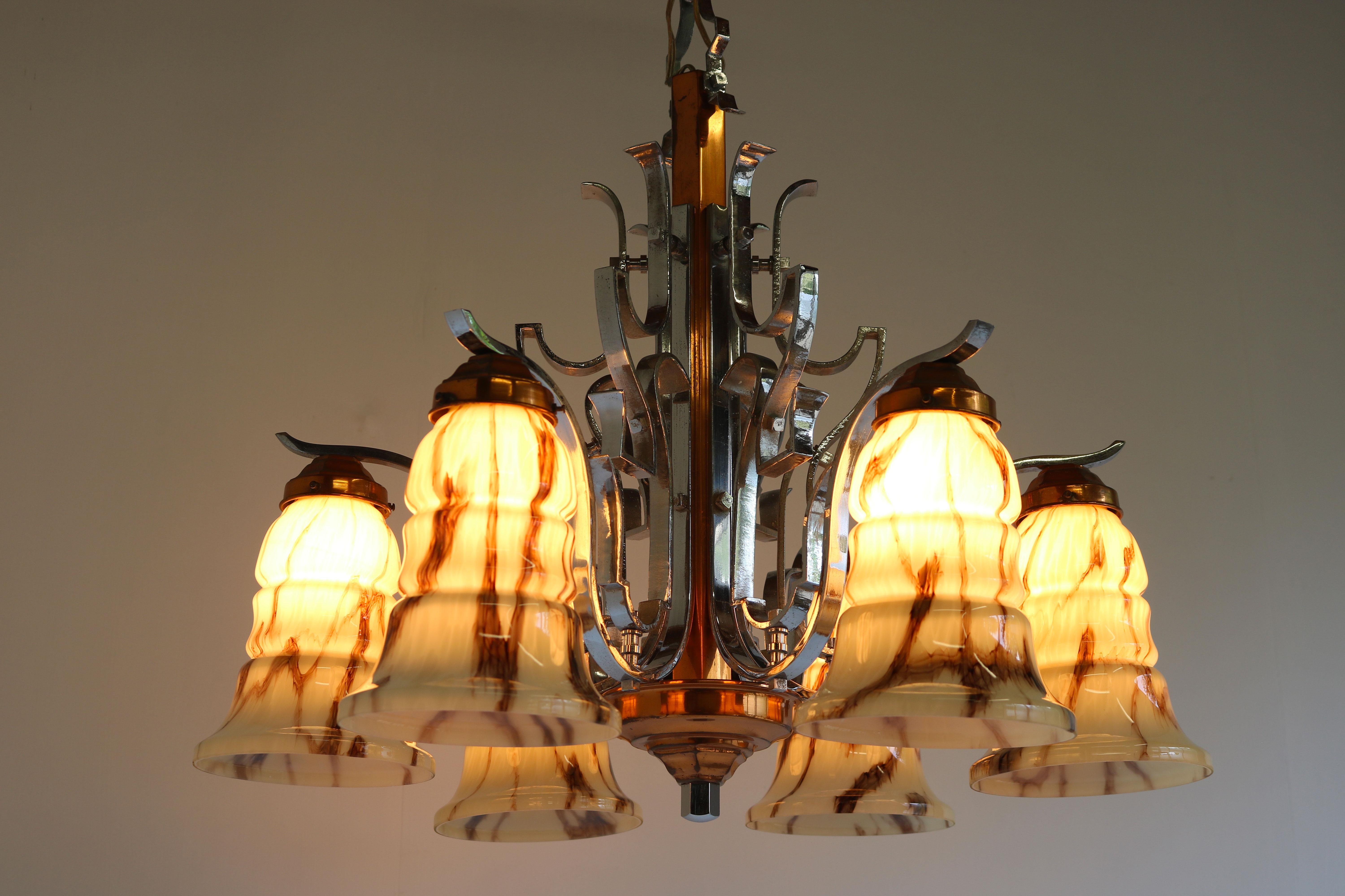 Impressive antique French Art Deco chandelier from the 1930s. 
The chandelier has a gorgeous combination of chrome, copper & marbled glass shades ! 
The chrome & copper frame has many square chrome decorations & shapes 
The marbles glass shades