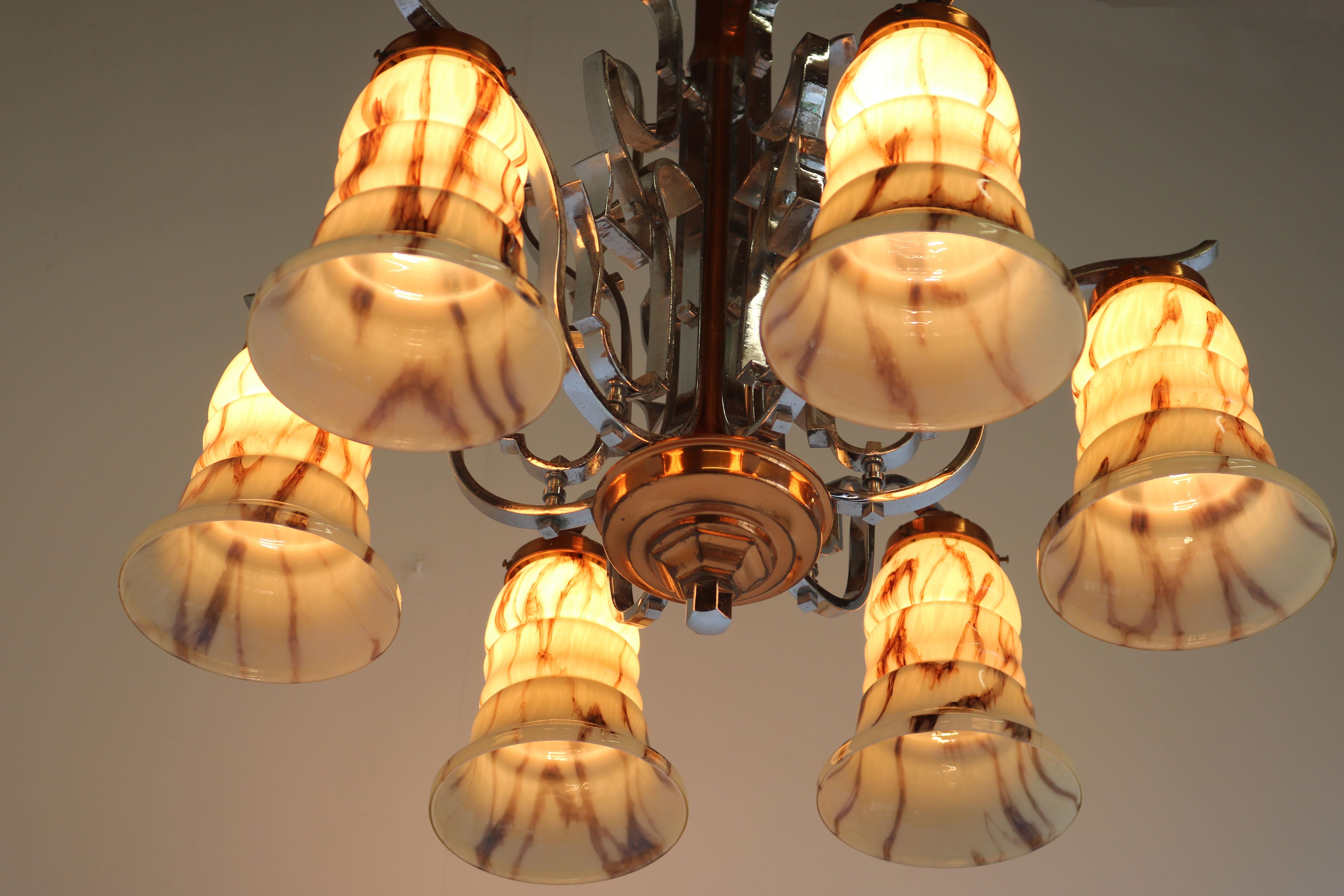 Hand-Crafted Antique French Art Deco Chandelier 1930 Copper Chrome & Marbled Glass 6 Lights For Sale