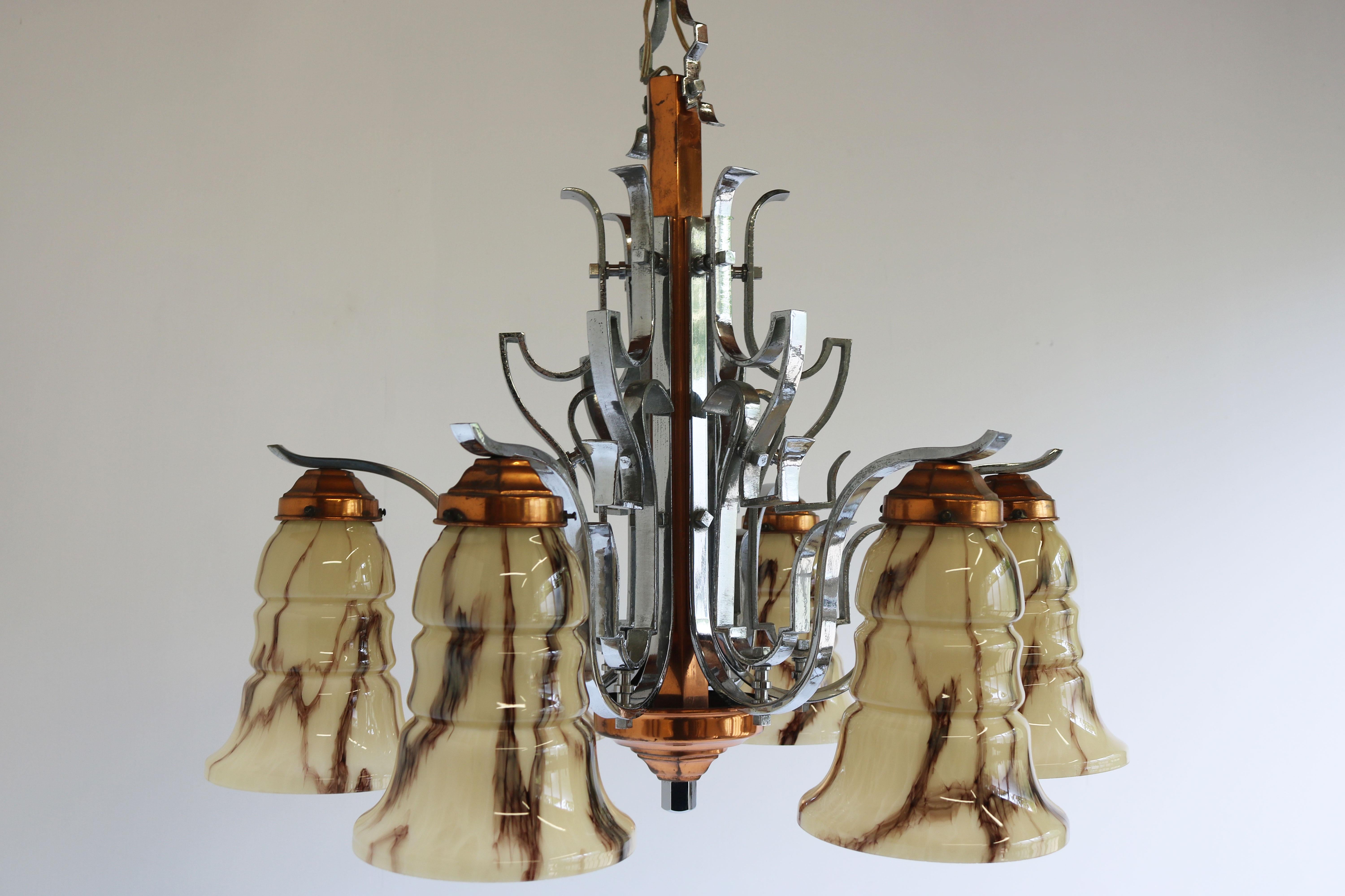 Antique French Art Deco Chandelier 1930 Copper Chrome & Marbled Glass 6 Lights For Sale 2