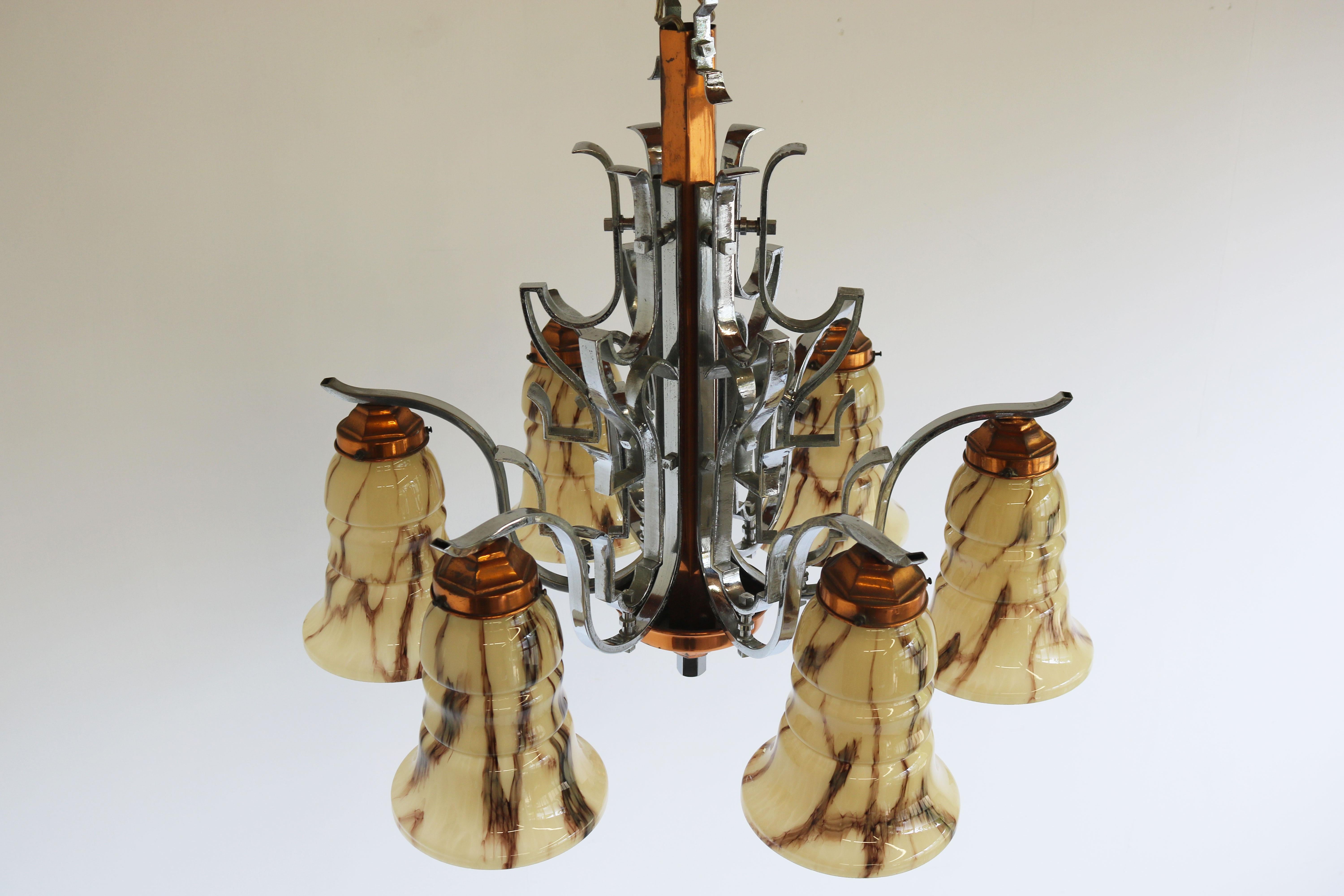 Antique French Art Deco Chandelier 1930 Copper Chrome & Marbled Glass 6 Lights For Sale 3