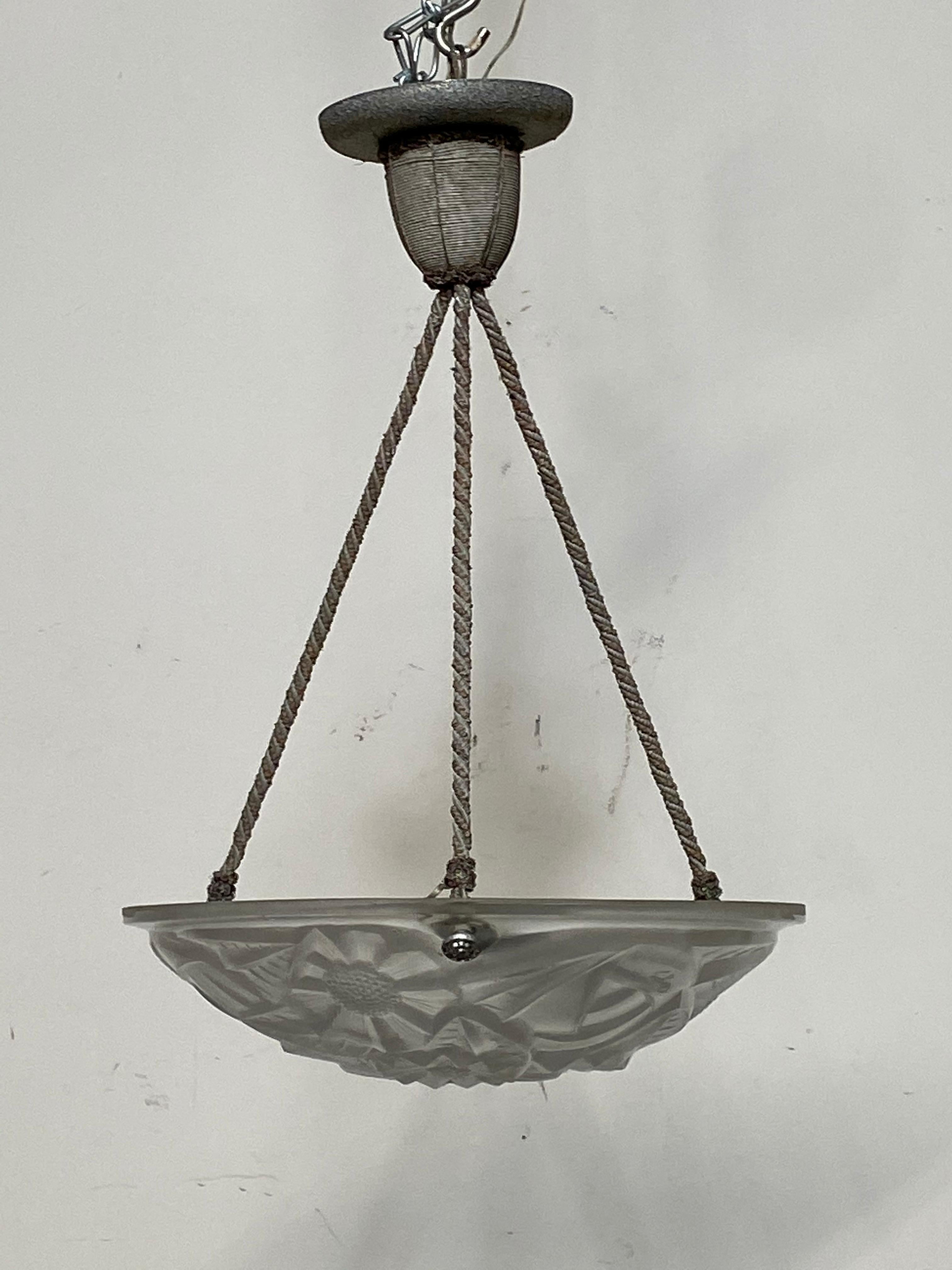 Antique French Art Deco 'circa 1925' Frosted Glass Ceiling Fixture In Good Condition For Sale In San Francisco, CA