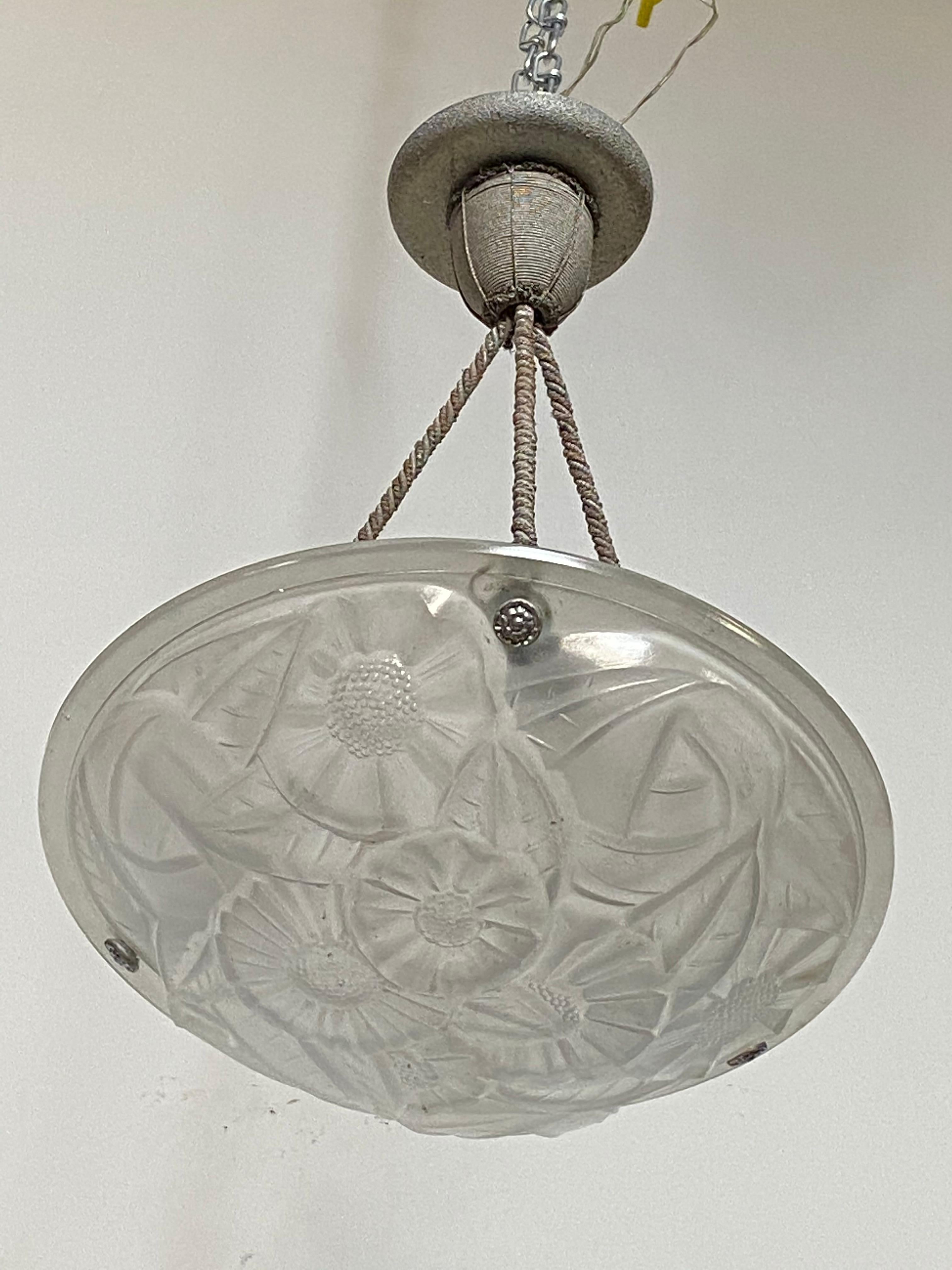 20th Century Antique French Art Deco 'circa 1925' Frosted Glass Ceiling Fixture For Sale