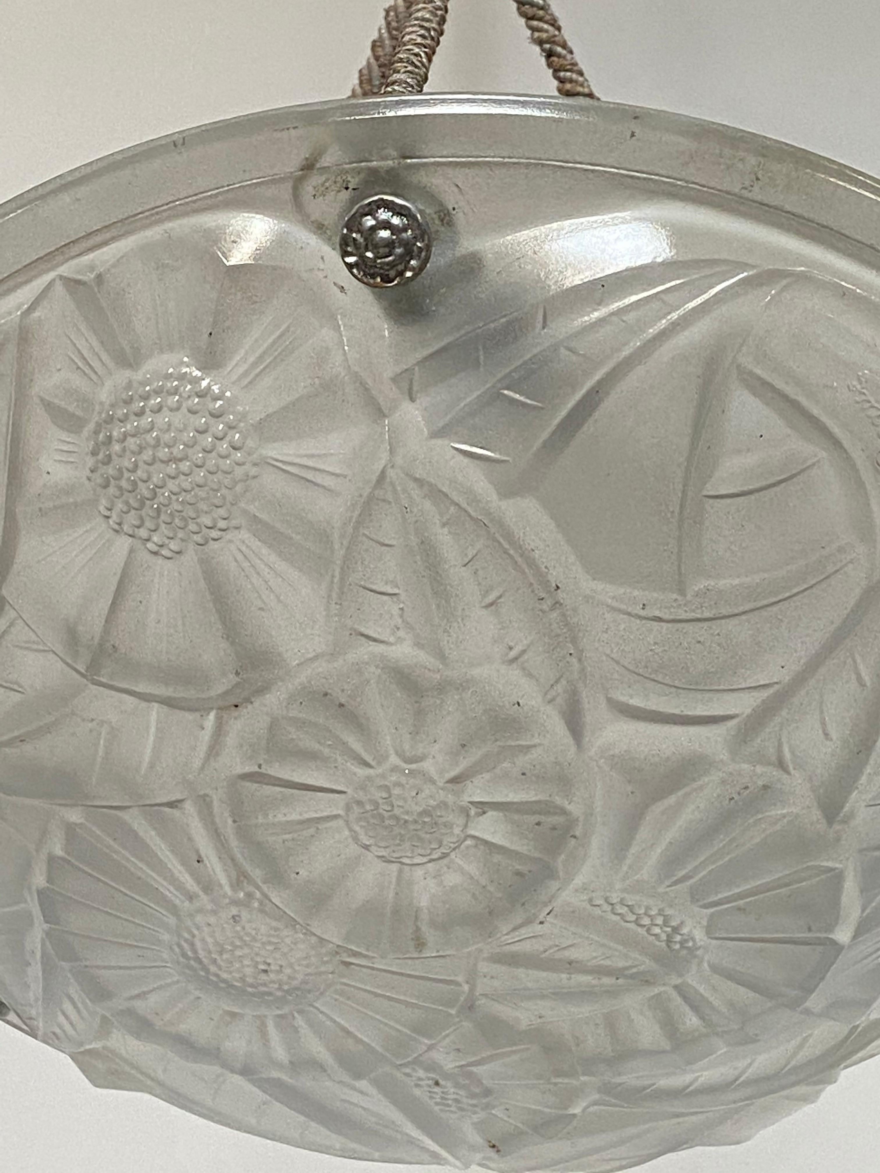 Fabric Antique French Art Deco 'circa 1925' Frosted Glass Ceiling Fixture For Sale