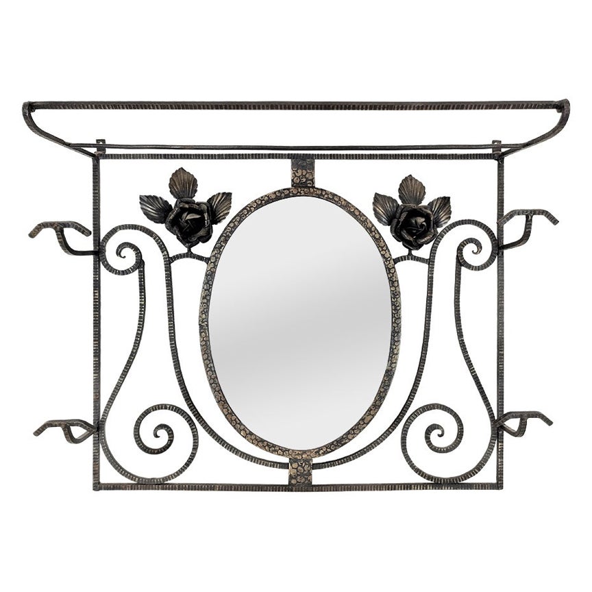 Antique French Art Deco Coat Rack Patinated Wrought Iron with Mirror, circa 1930 For Sale