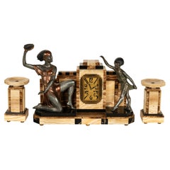 Antique French Art Deco Cold-painted Bronze Marble Figural Clock Garniture 1925