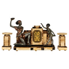 Antique French Art Deco Cold-painted Bronze Marble Figural Clock Garniture 1925