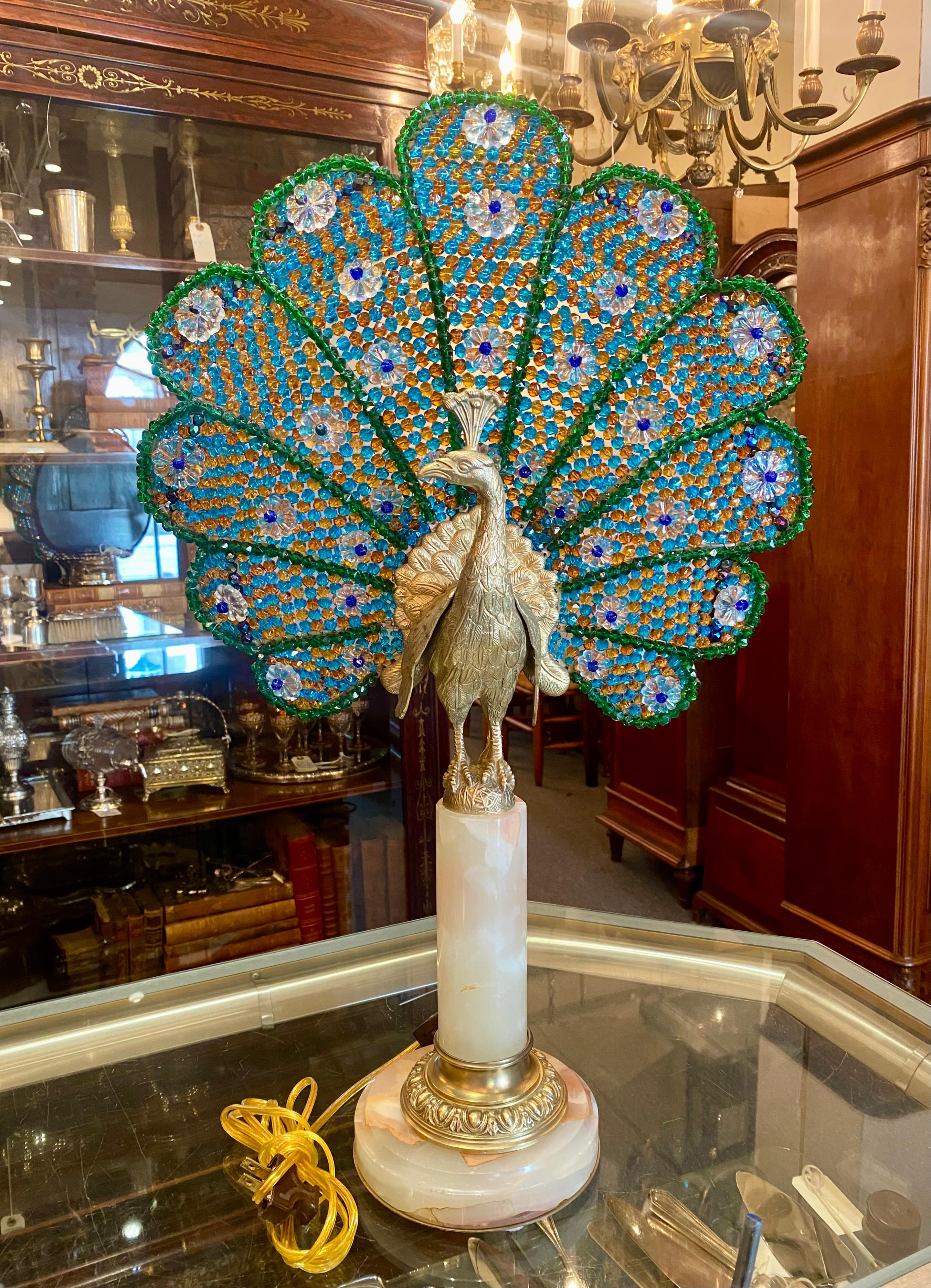 Antique French Art Deco Crystal & Gold Bronze Peacock Lamp on Onyx Base, Ca 1920 3