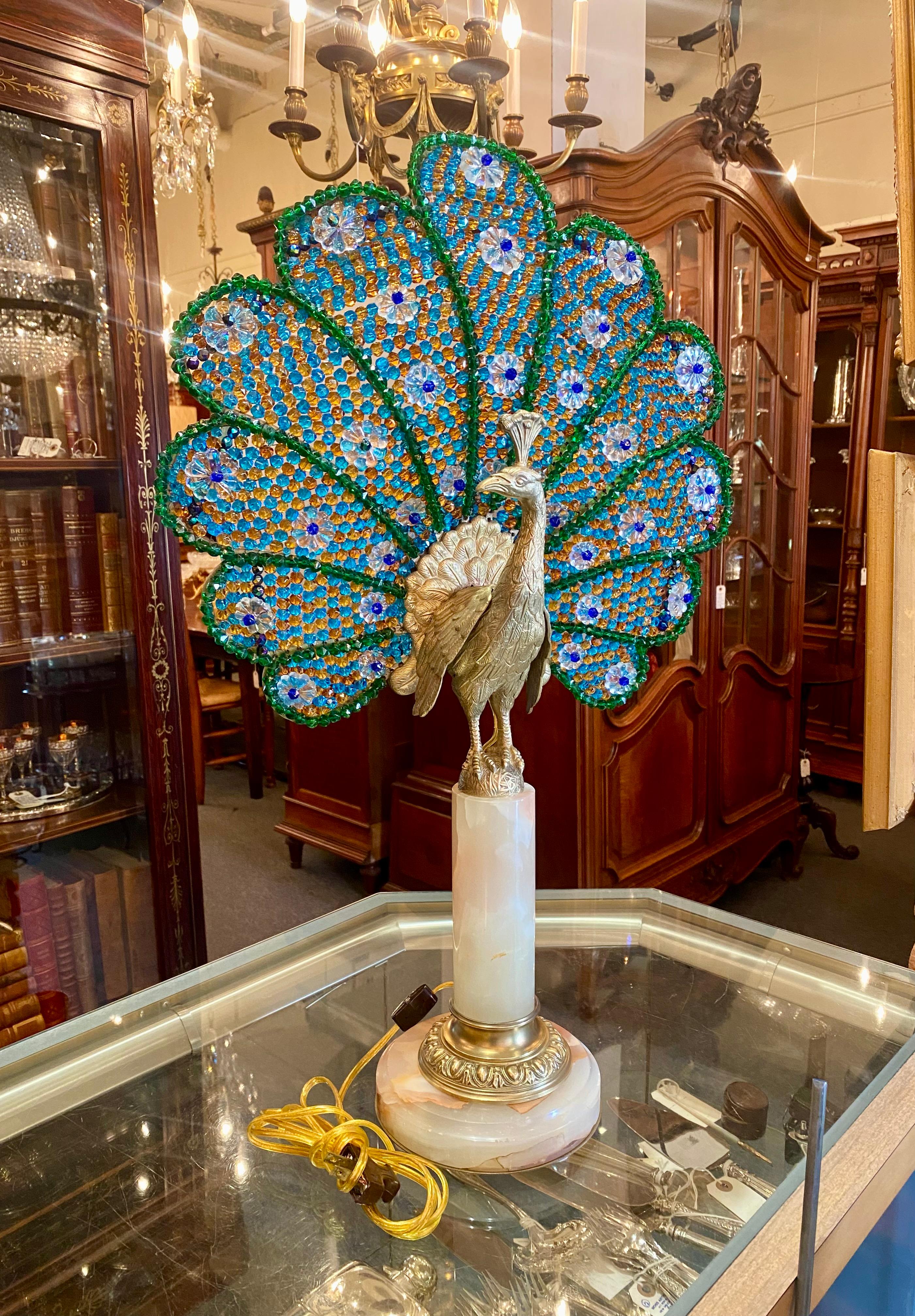 Antique French Art Deco Crystal & Gold Bronze Peacock Lamp on Onyx Base, Ca 1920 4