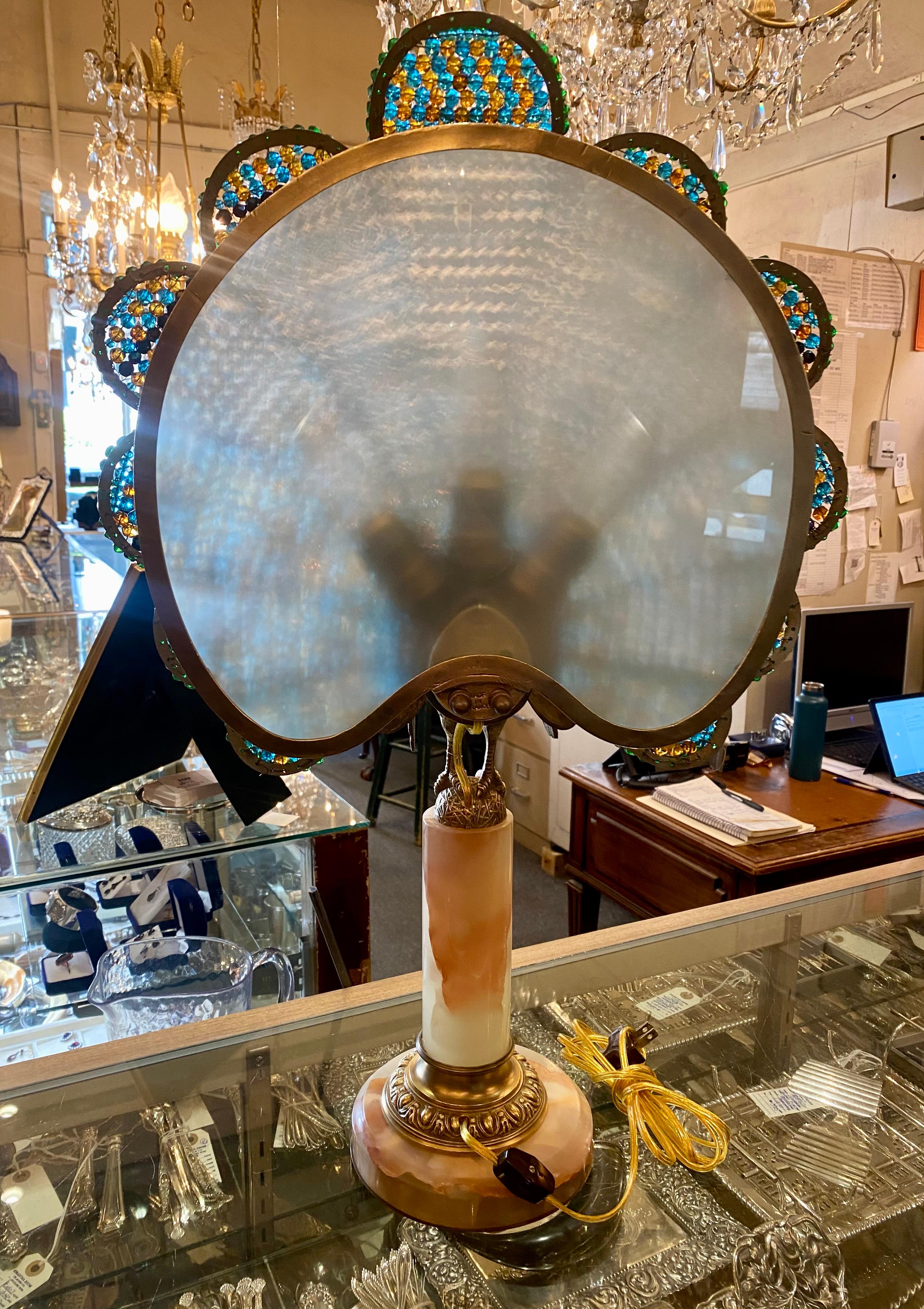 Antique French Art Deco Crystal & Gold Bronze Peacock Lamp on Onyx Base, Ca 1920 5