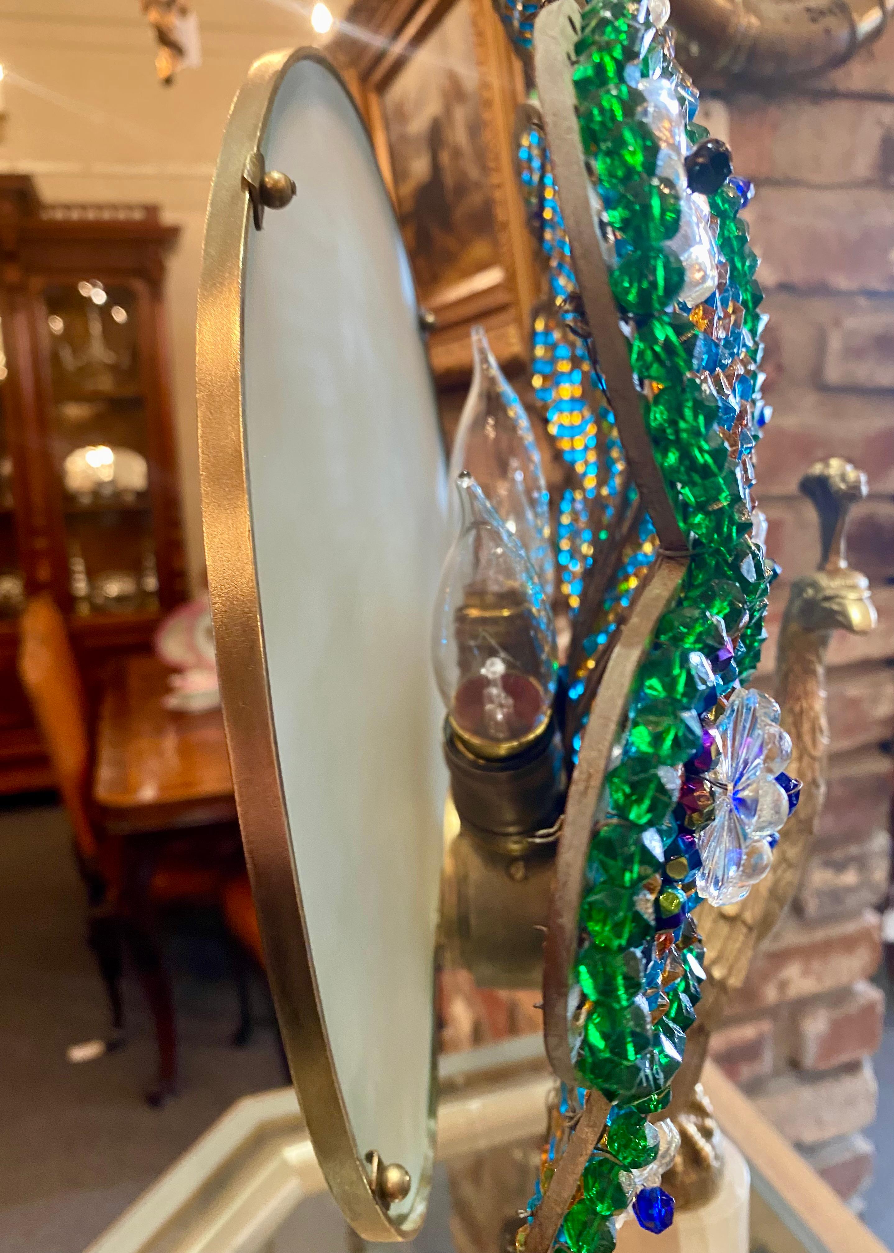 Antique French Art Deco Crystal & Gold Bronze Peacock Lamp on Onyx Base, Ca 1920 6