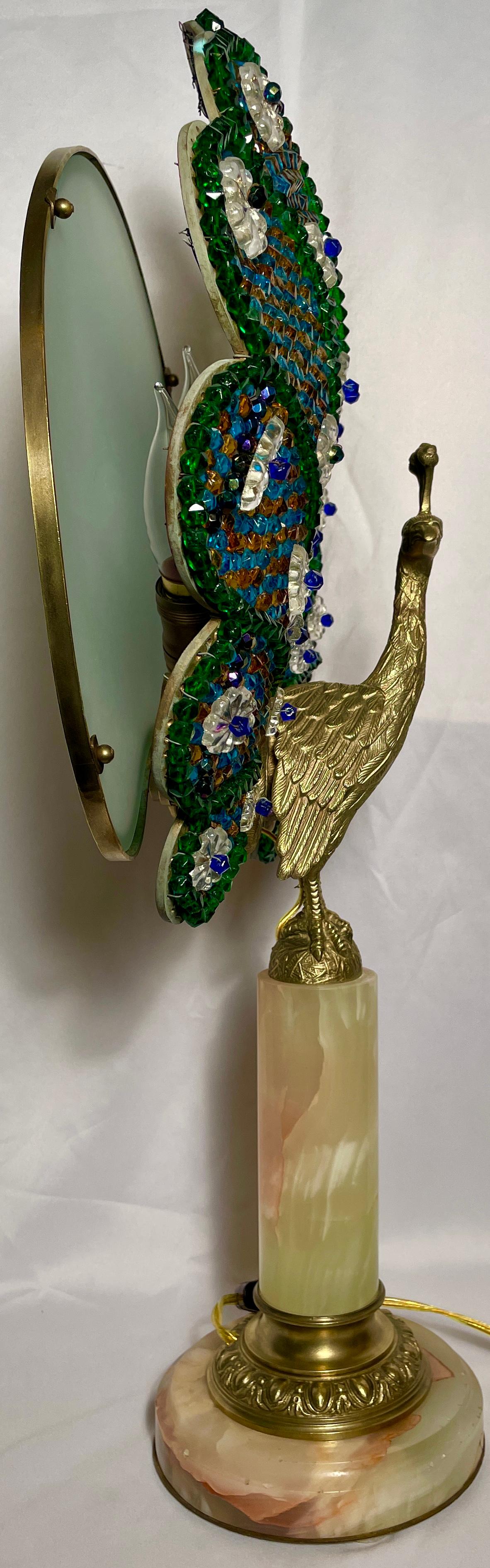 Antique French Art Deco Crystal & Gold Bronze Peacock Lamp on Onyx Base, Ca 1920 In Good Condition In New Orleans, LA