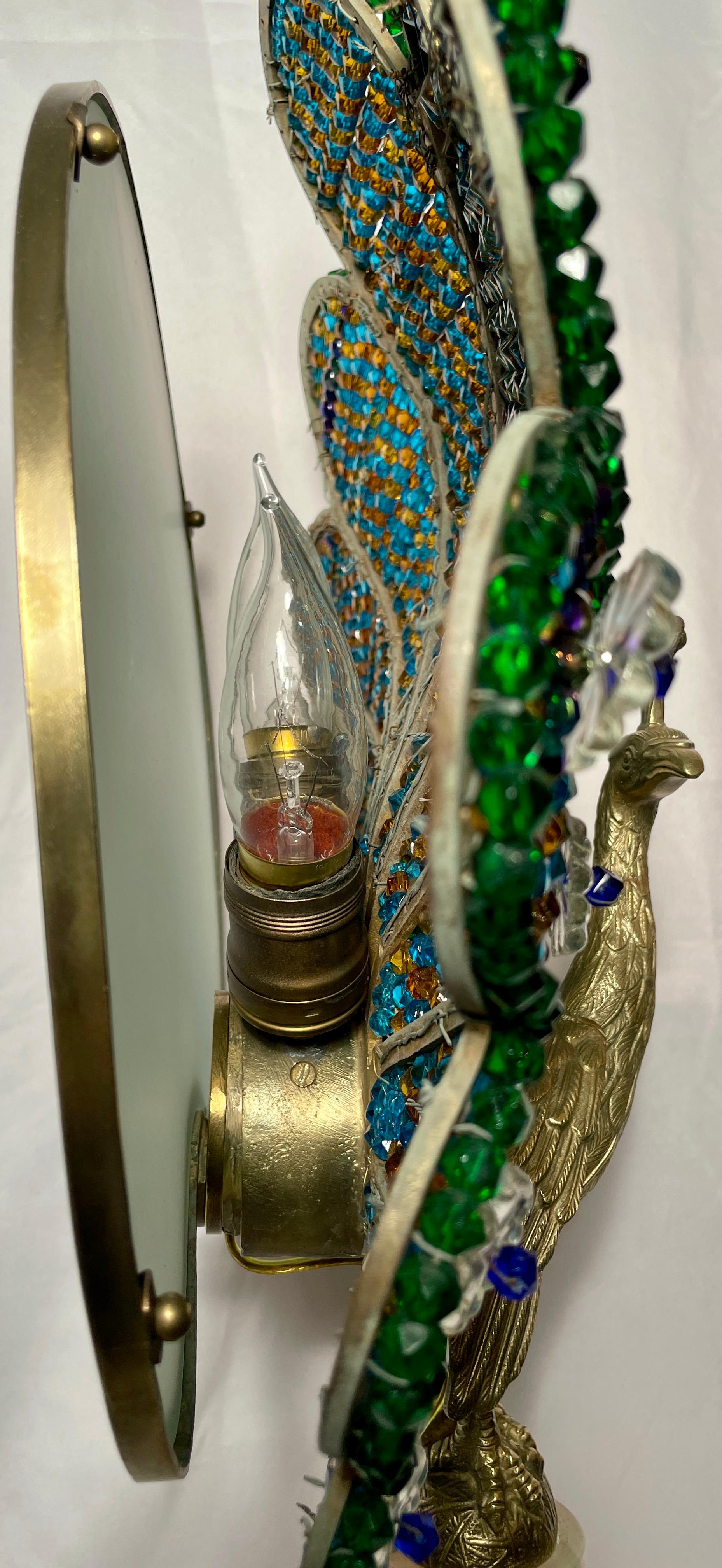 20th Century Antique French Art Deco Crystal & Gold Bronze Peacock Lamp on Onyx Base, Ca 1920
